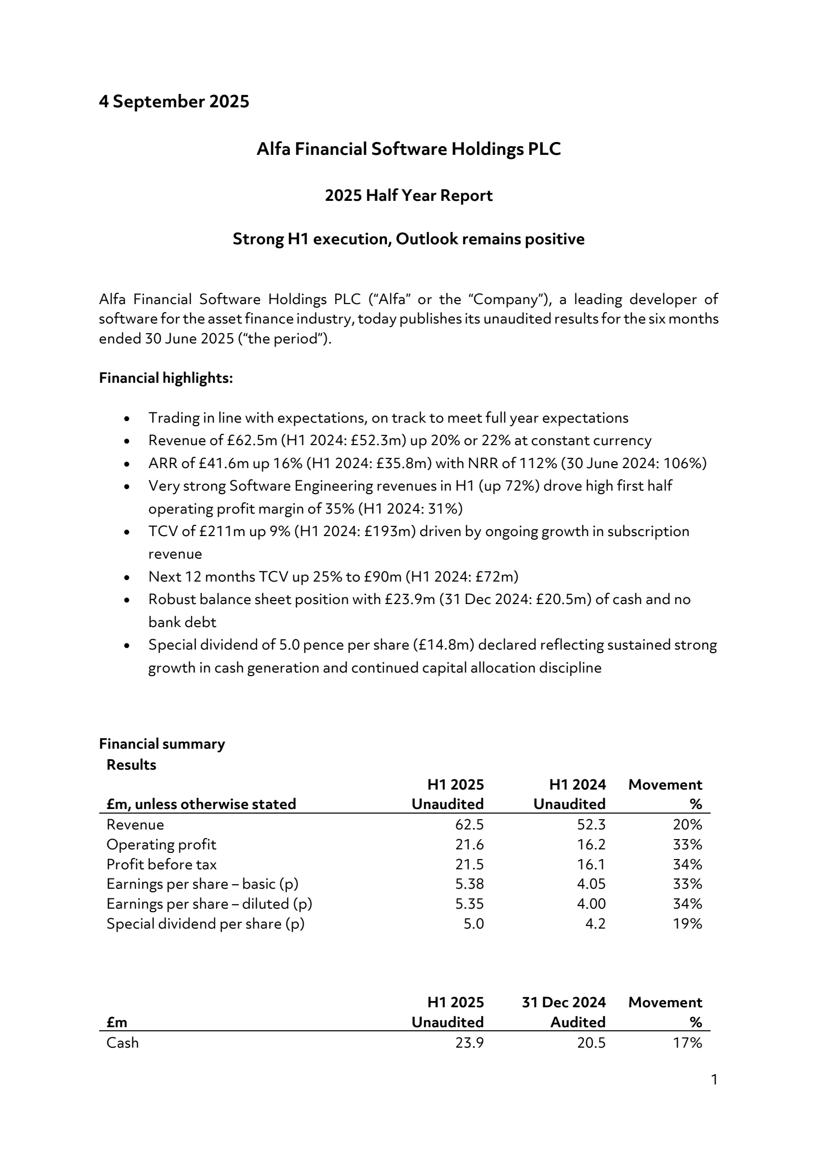 Alfa Financial Software's H1 2025 Interim report