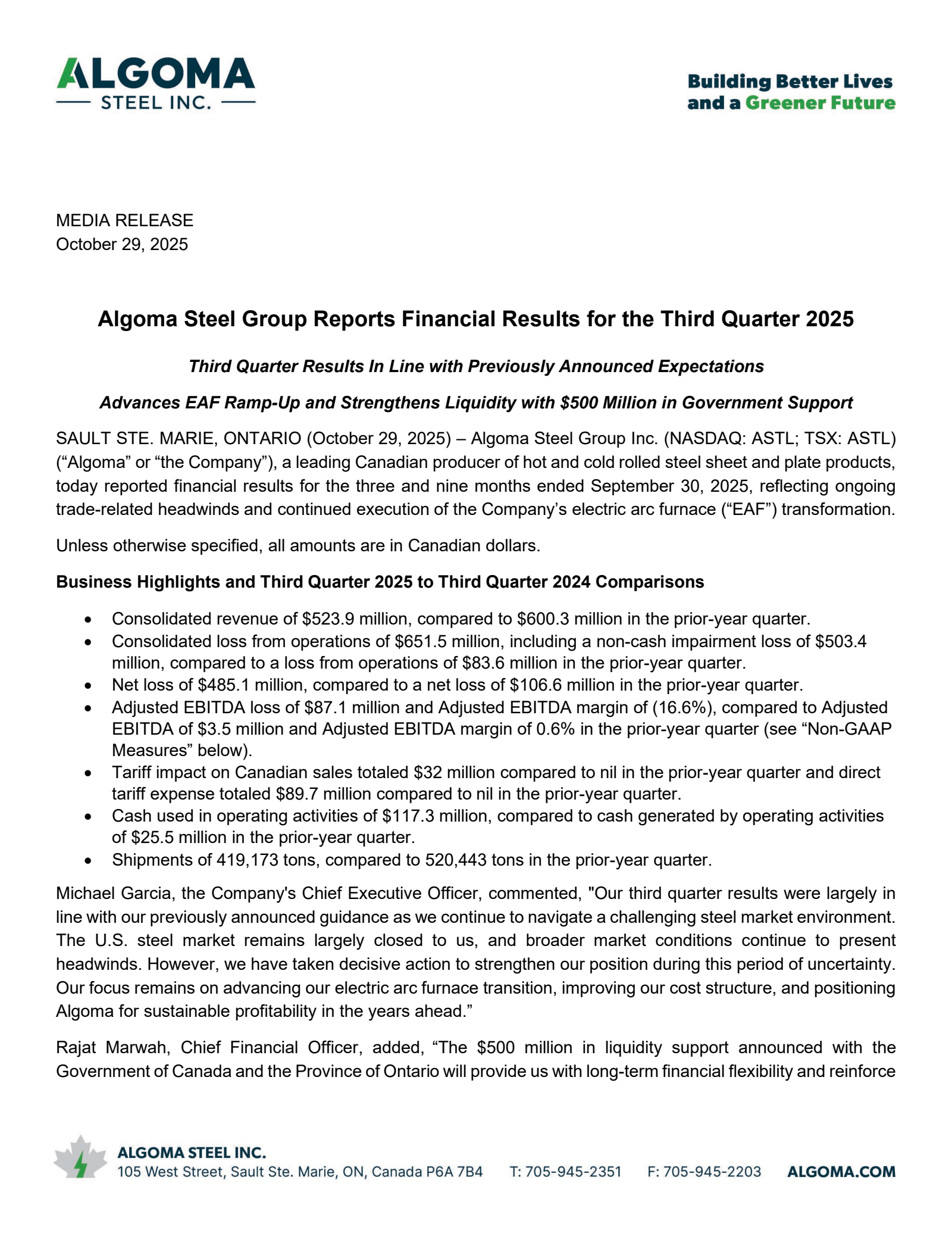 Algoma Steel Group's Q1 2026 Earnings Release