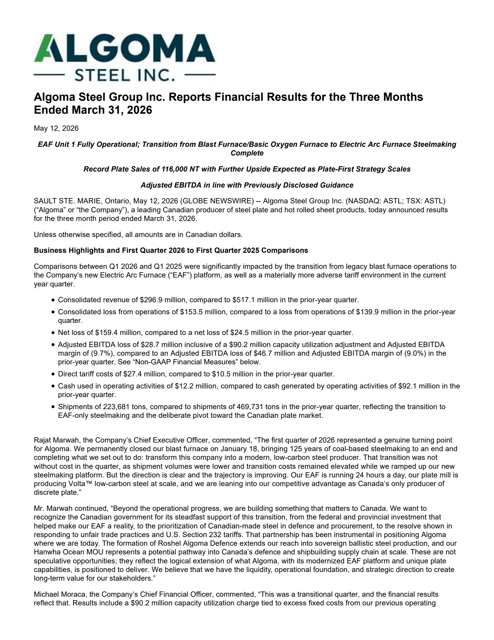 Algoma Steel Group's Q1 2026 Press Release