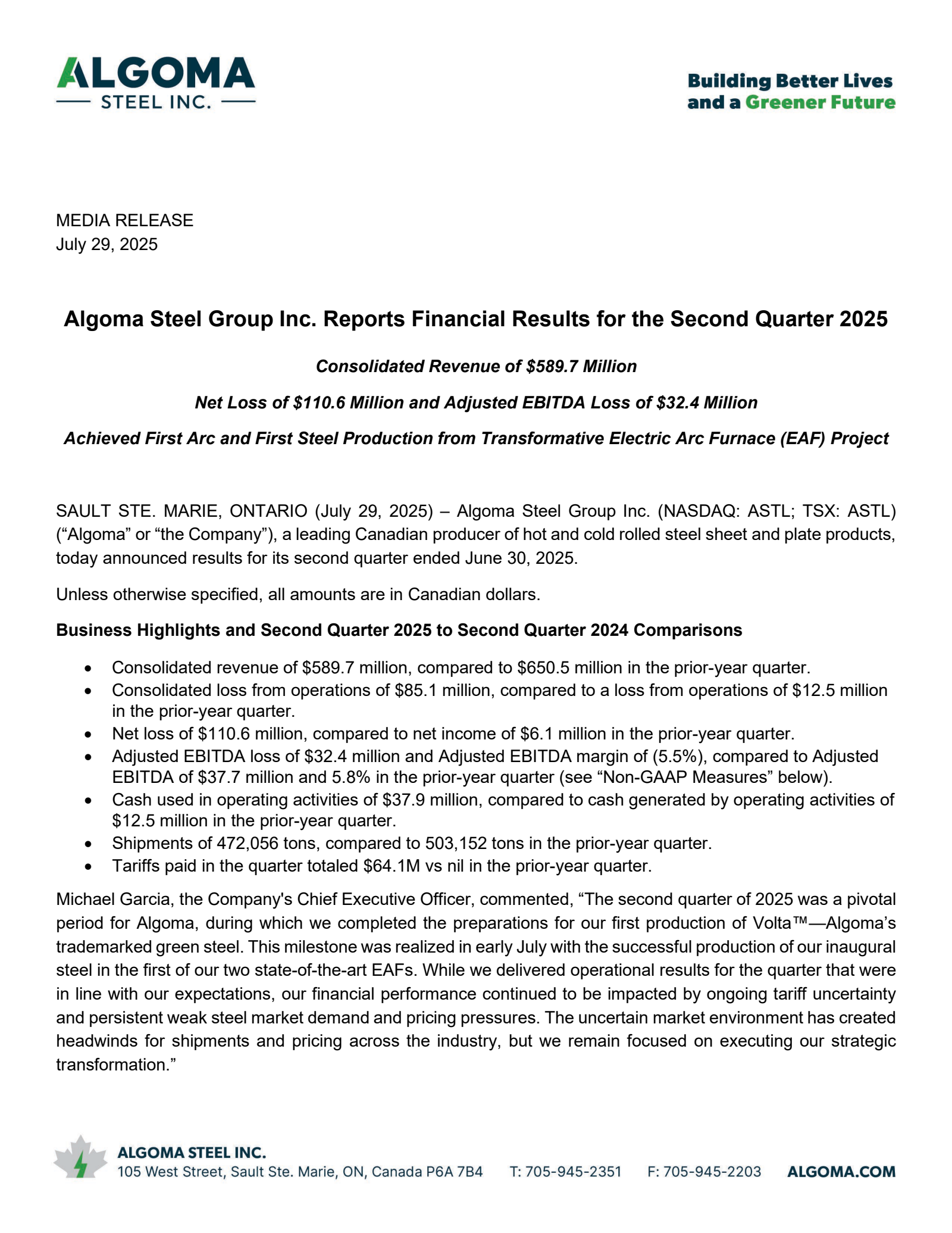 Algoma Steel Group's Q2 2025 Press Release