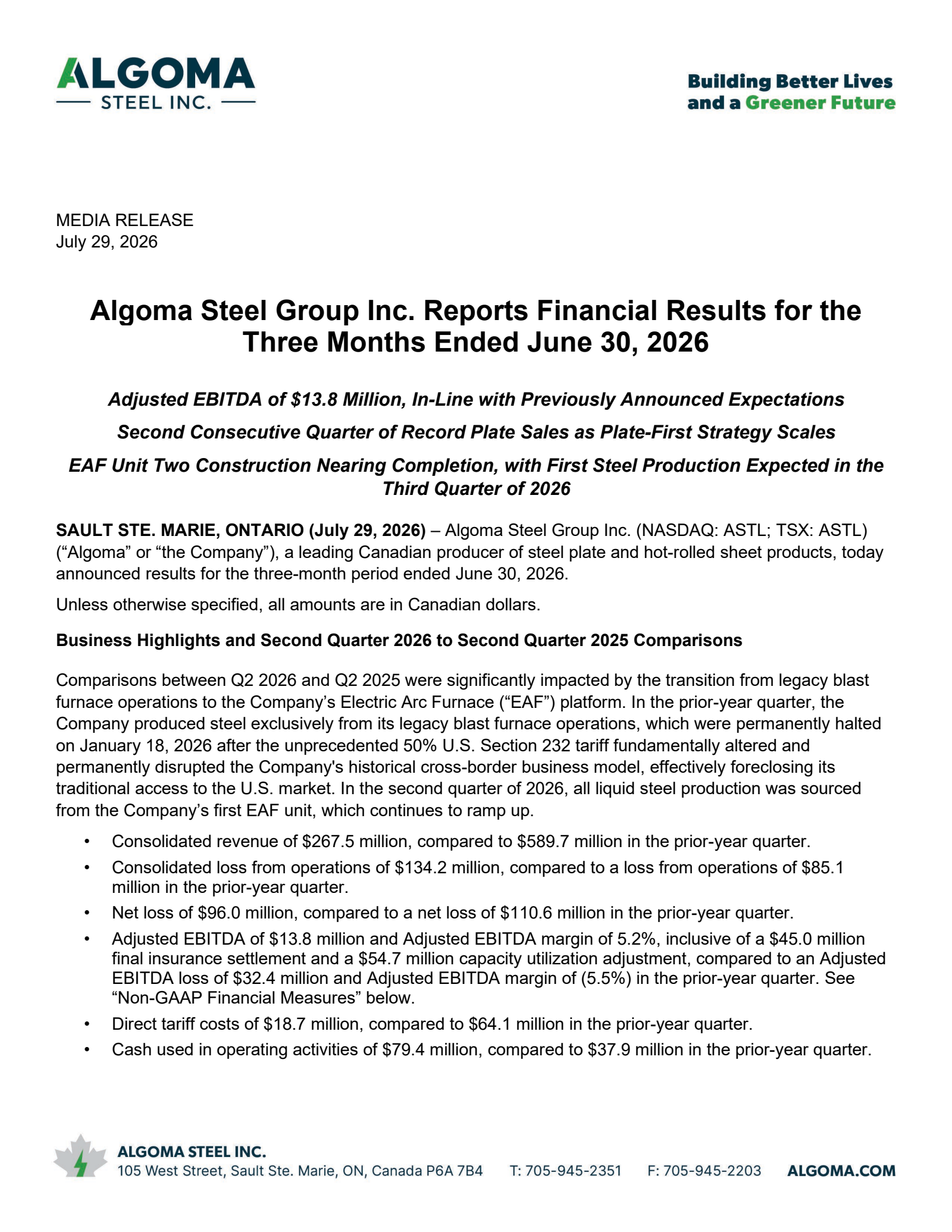 Algoma Steel Group's Q2 2026 Press Release