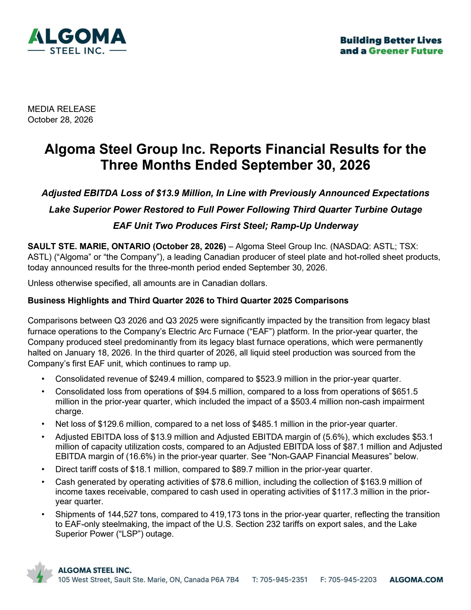 Algoma Steel Group's Q3 2026 Press Release