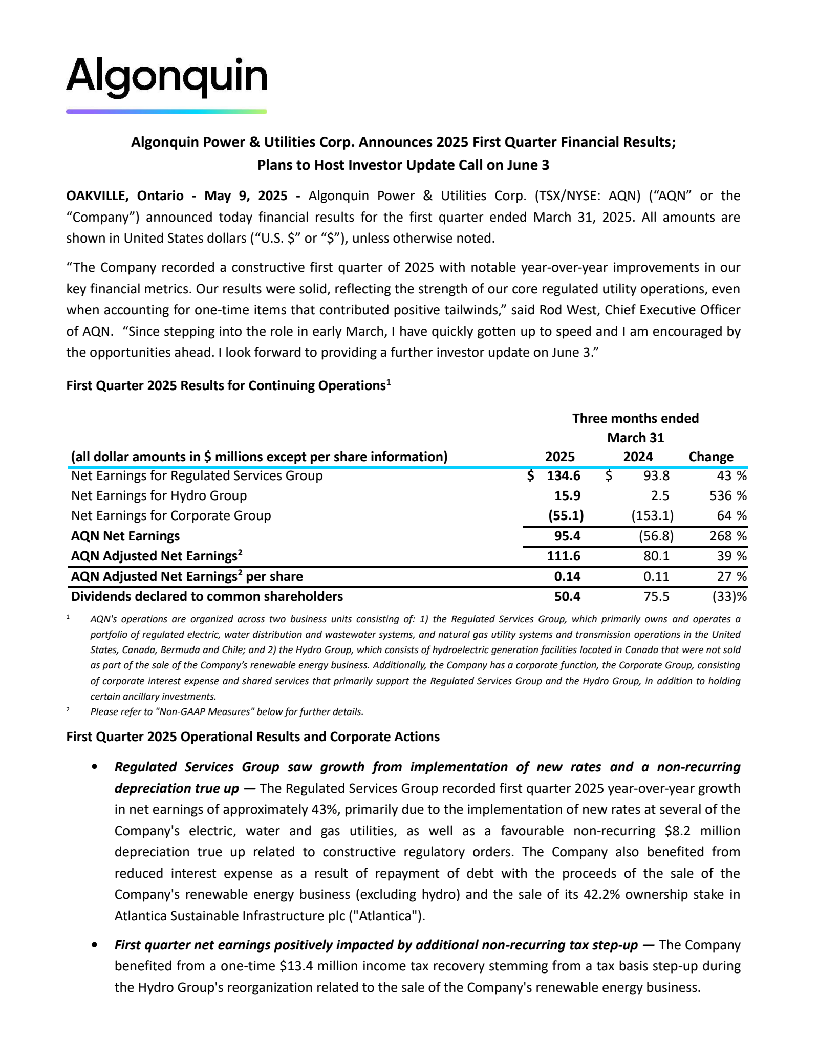 Algonquin Power & Utilities' Q1 2025 Press Release