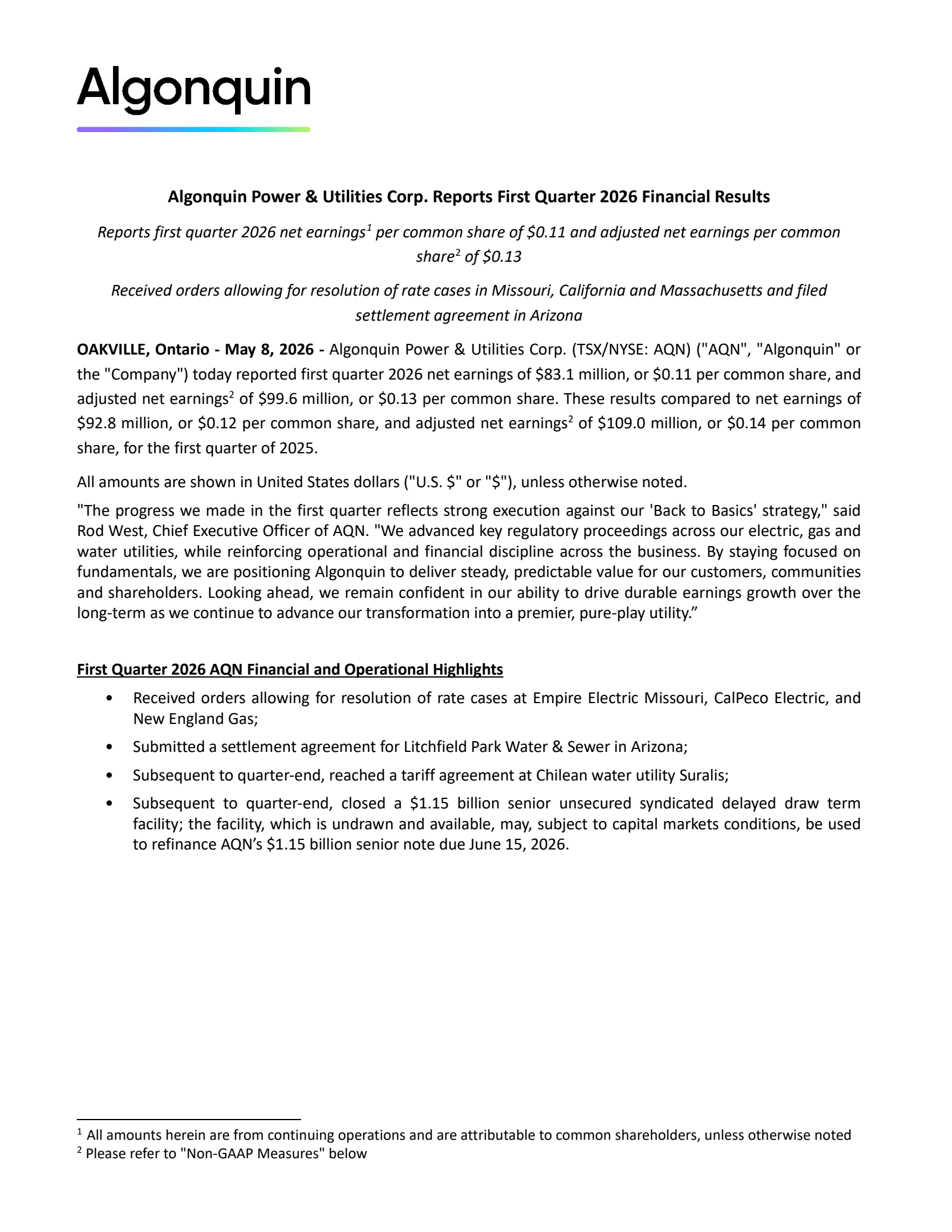 Algonquin Power & Utilities' Q1 2026 Press Release