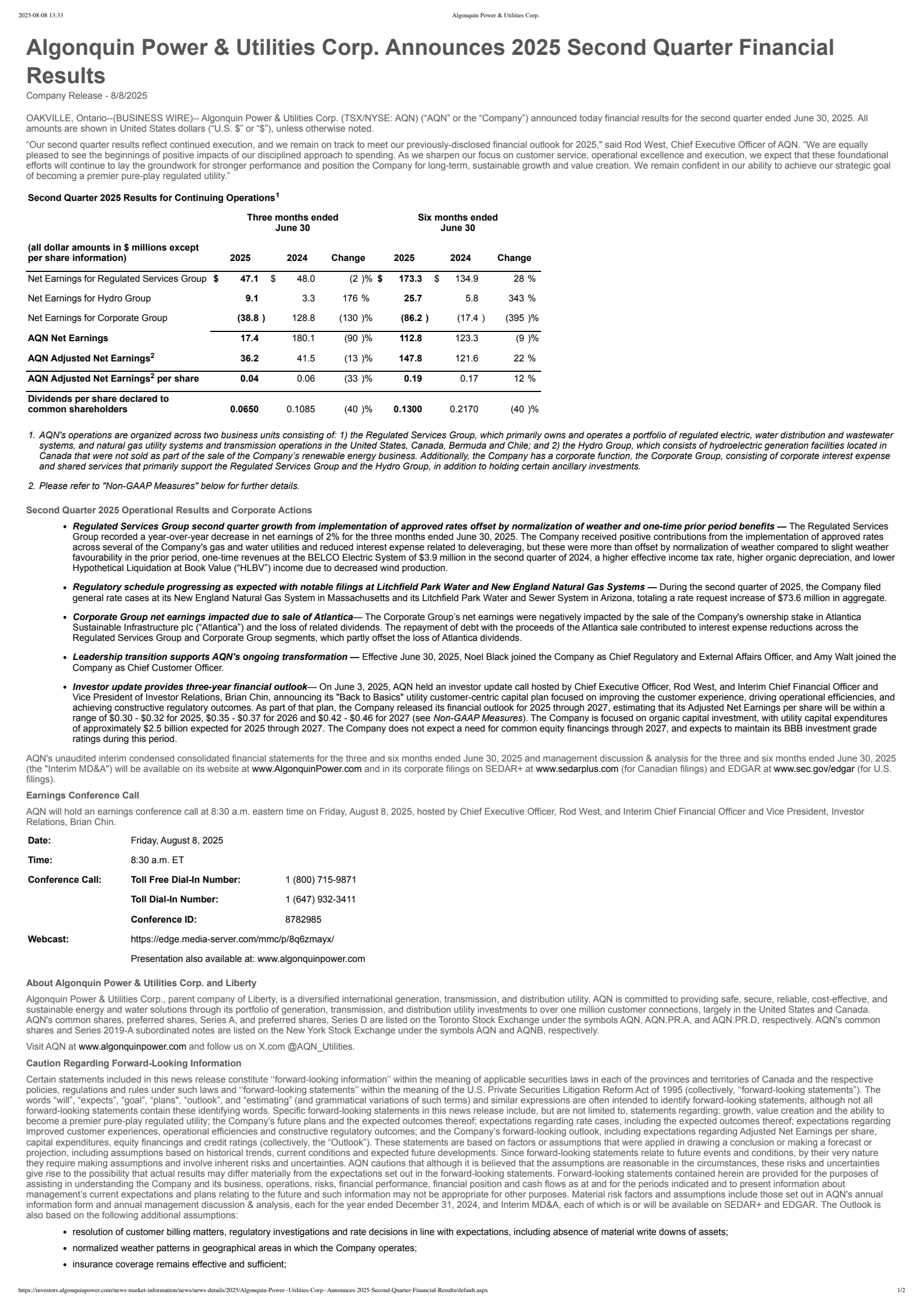 Algonquin Power & Utilities' Q2 2025 Press Release