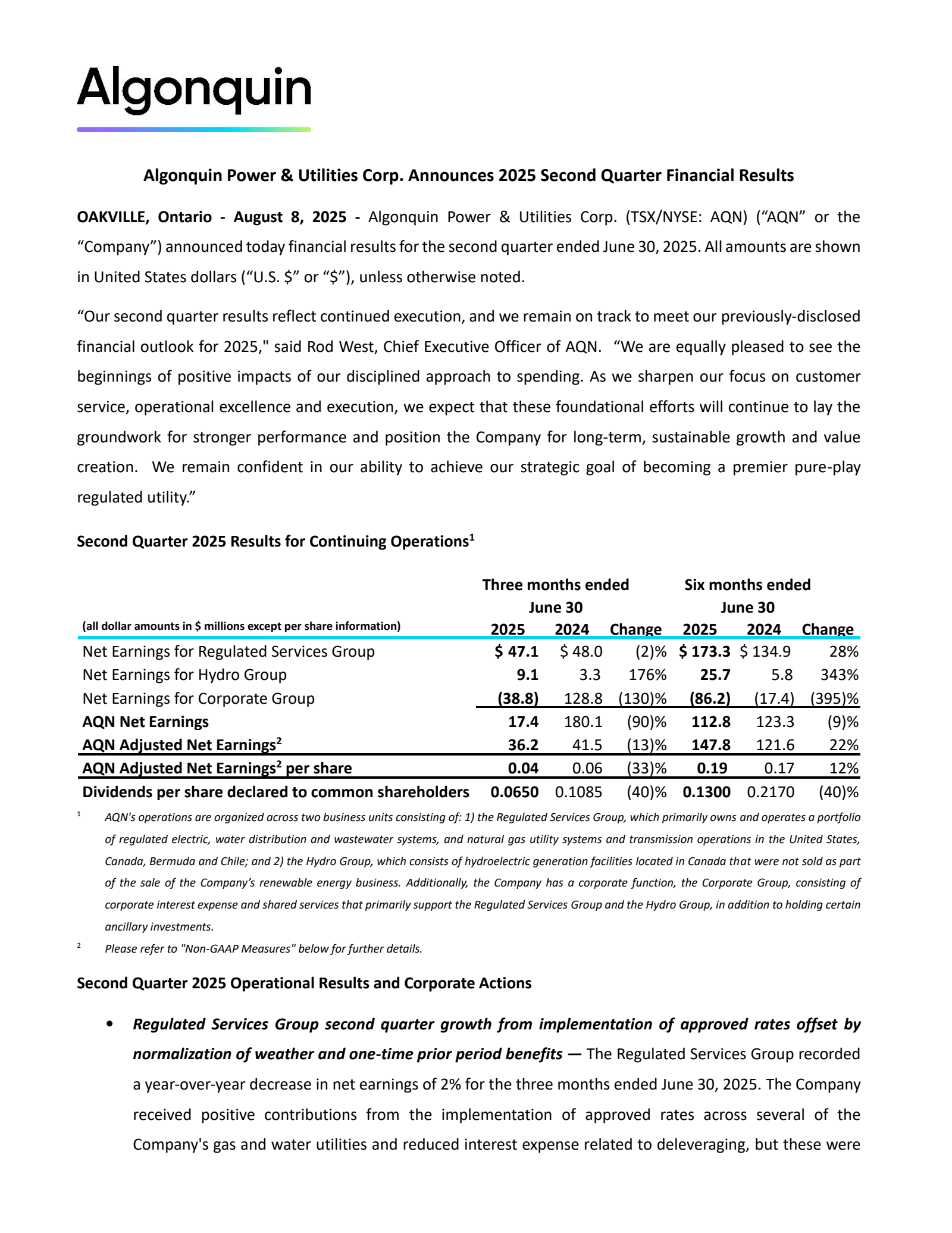 Algonquin Power & Utilities' Q2 2025 Press Release
