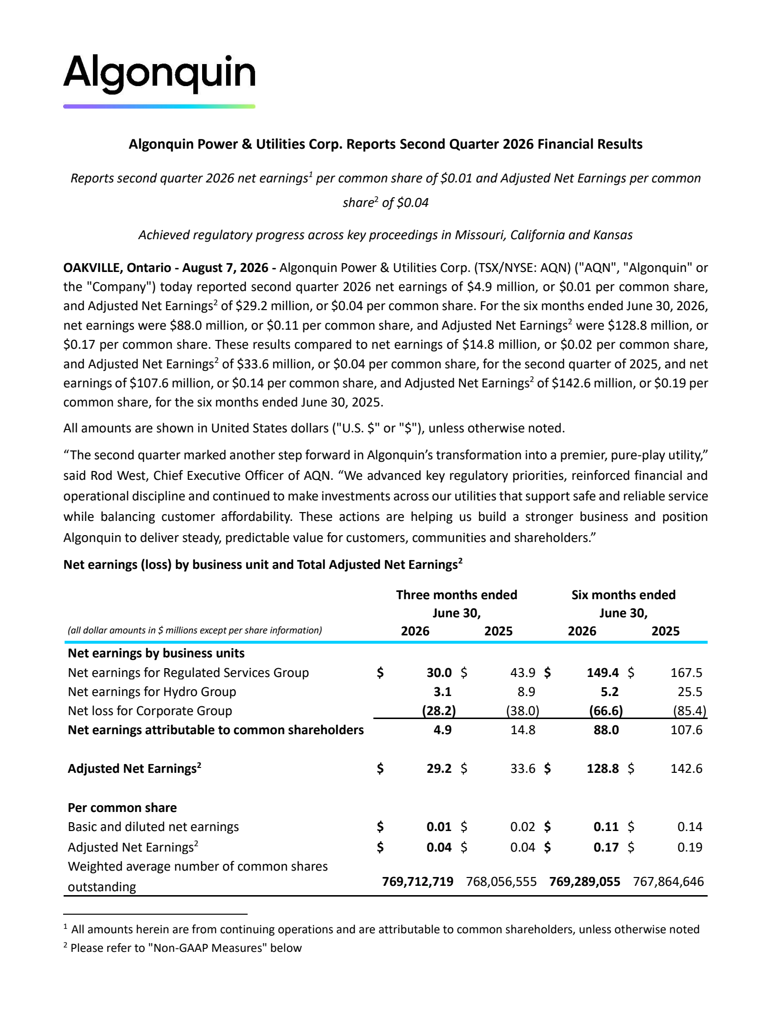Algonquin Power & Utilities' Q2 2026 Press Release
