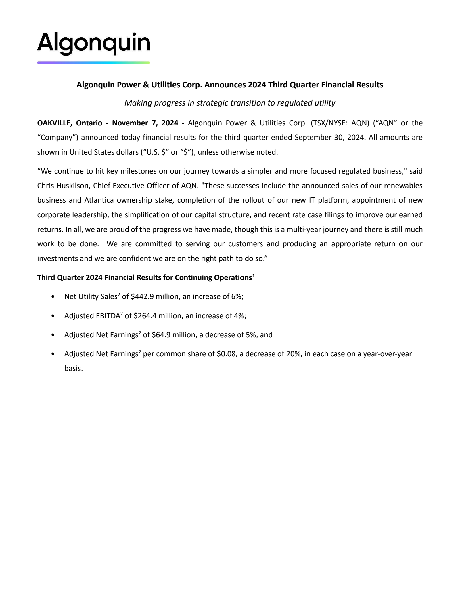 Algonquin Power & Utilities' Q3 2024 Press Release