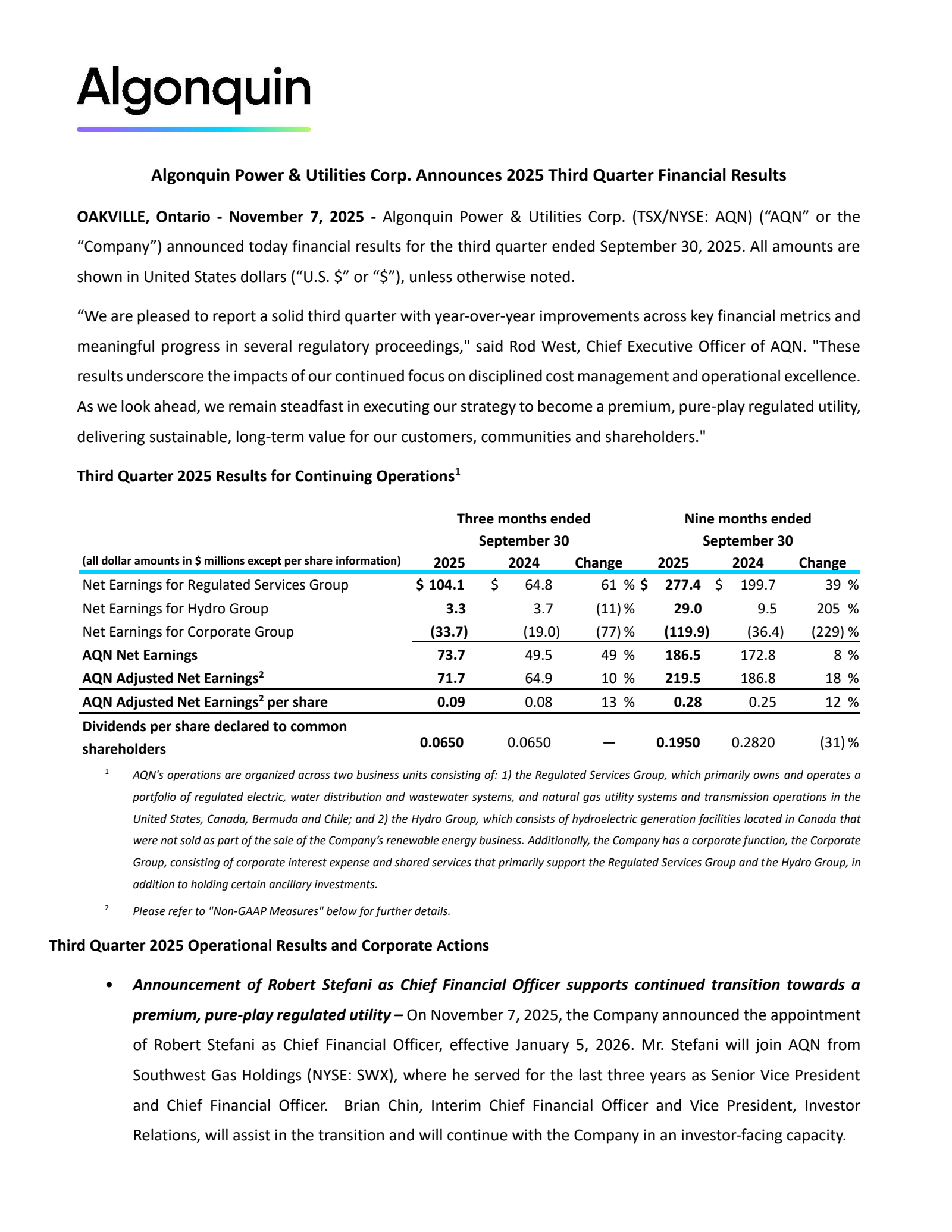 Algonquin Power & Utilities' Q3 2025 Earnings Release