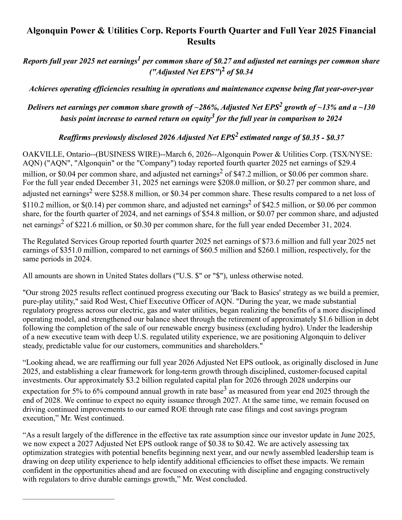 Algonquin Power & Utilities' Q4 2025 Press Release