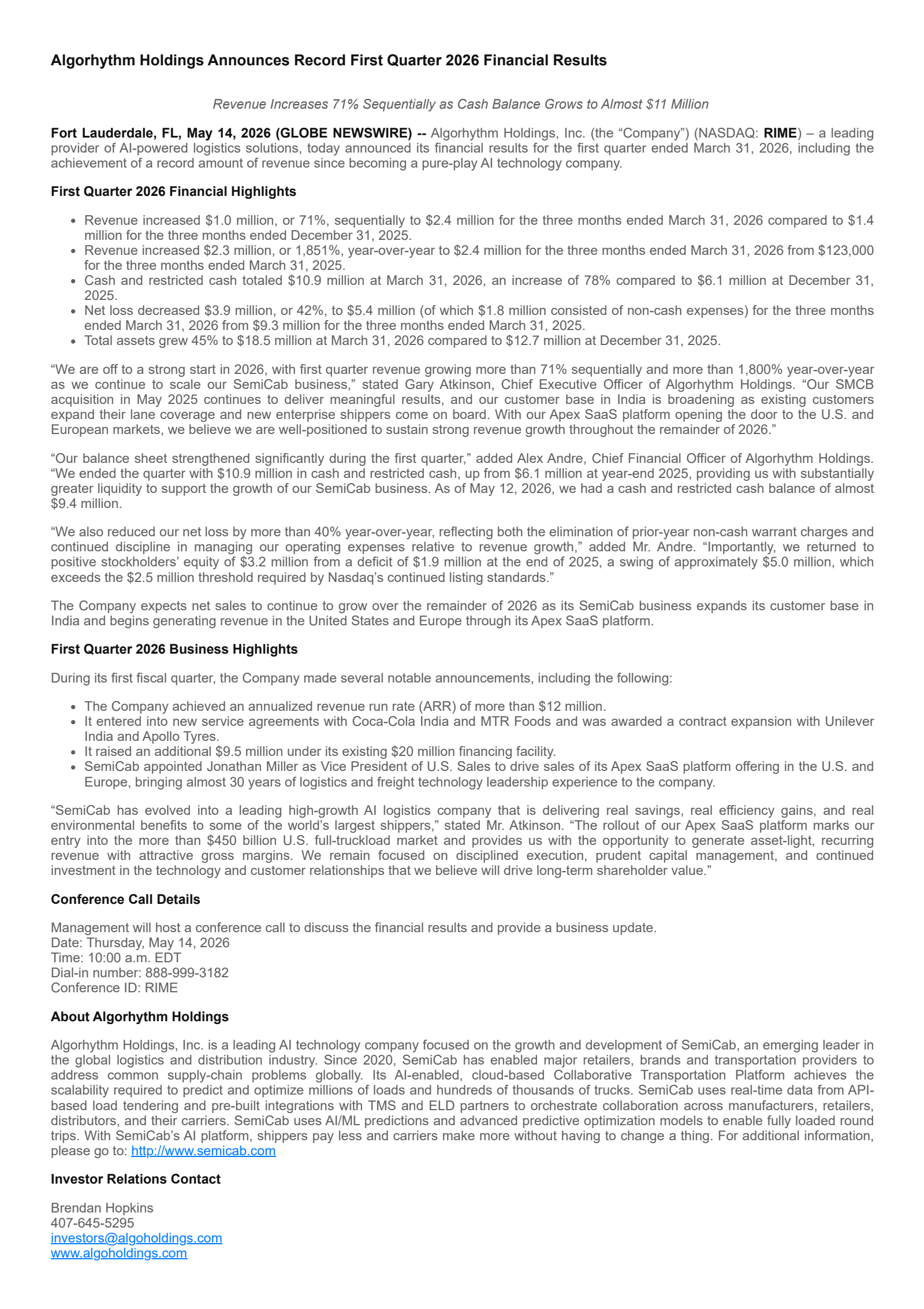 Algorhythm's Q1 2026 Press Release