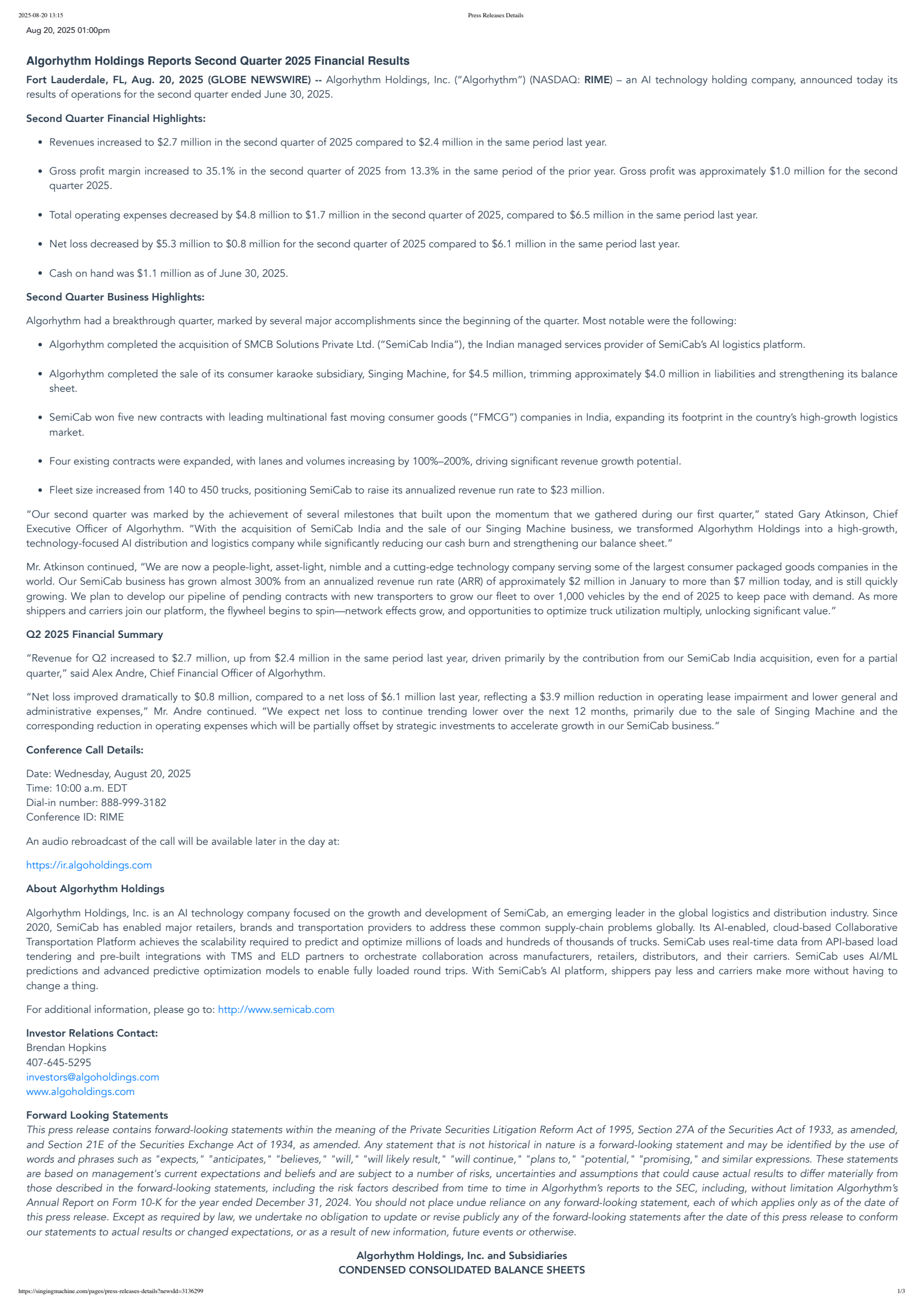 Algorhythm's Q2 2025 Press Release