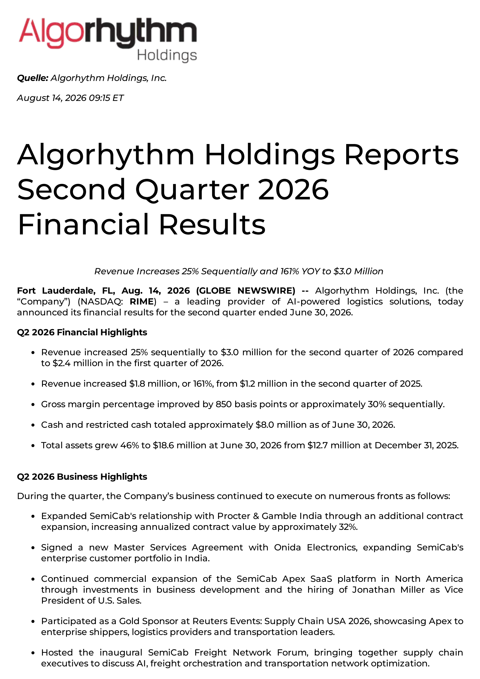 Algorhythm's Q2 2026 Press Release