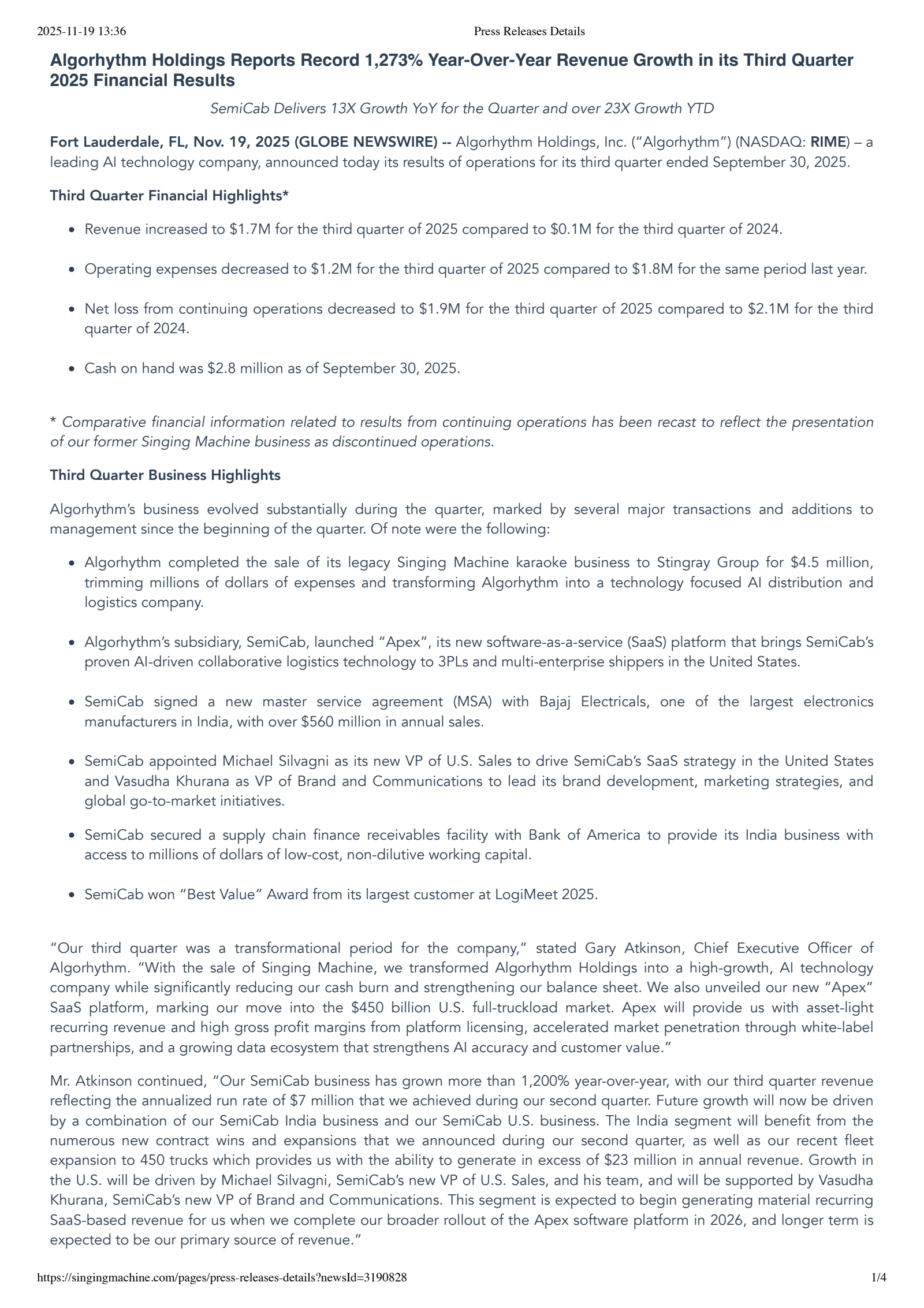 Algorhythm's Q3 2025 Earnings Release