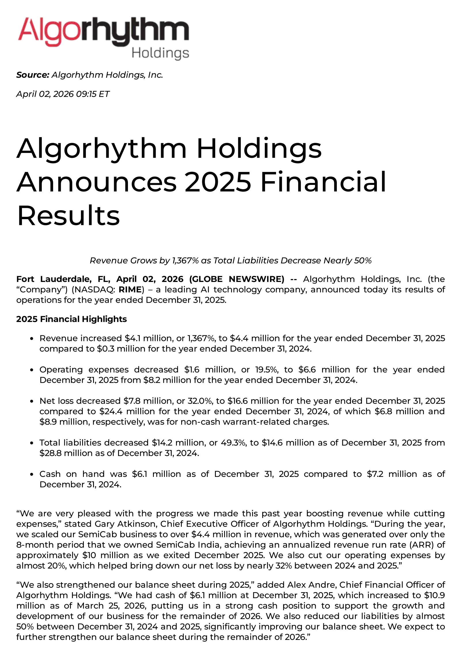Algorhythm's Q4 2025 Press Release