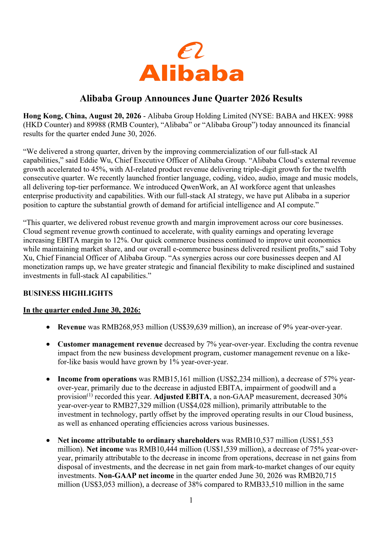 Alibaba Group's Q1 2027 Press Release