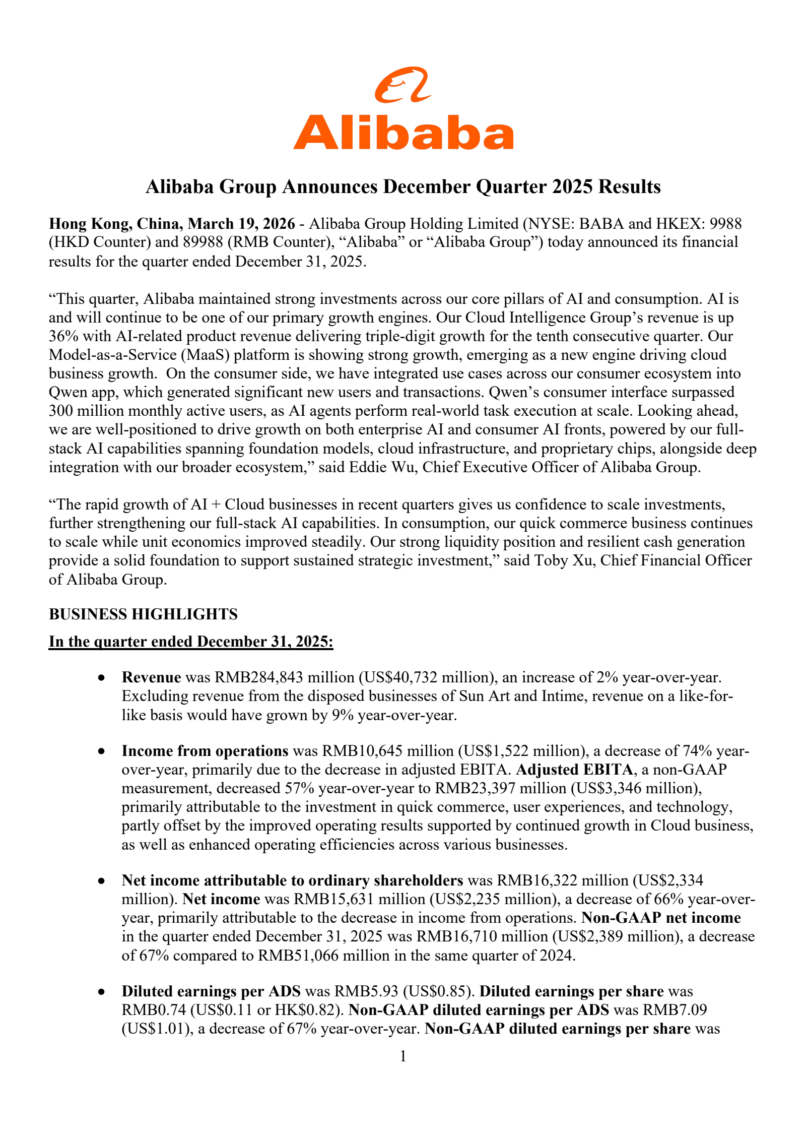 Alibaba Group's Q3 2026 Press Release