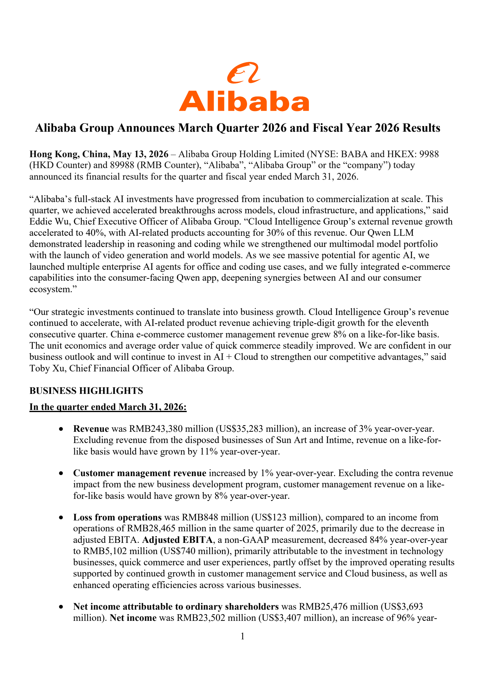 Alibaba Group's Q4 2026 Press Release