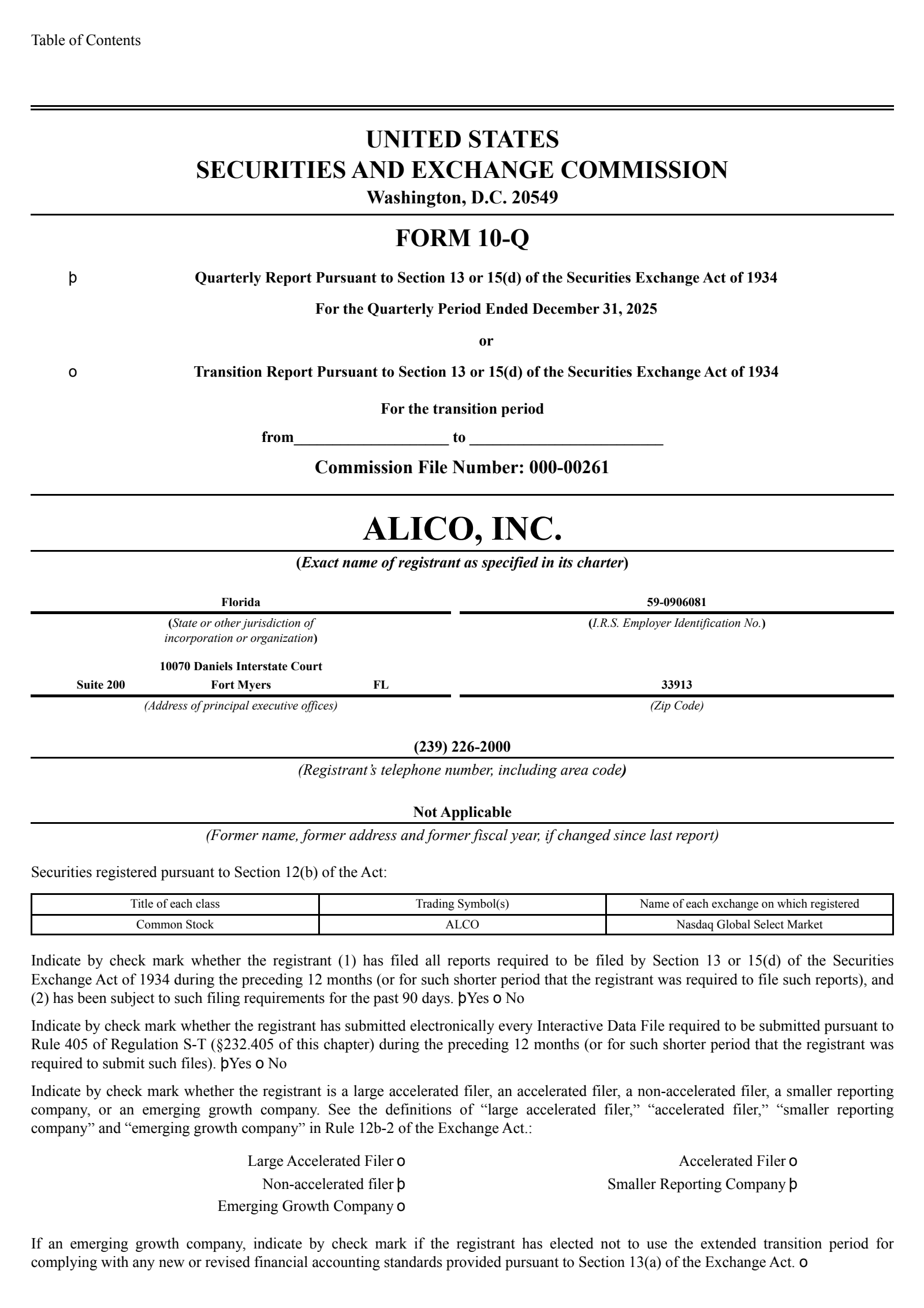 Alico's Q1 2026 Quarterly report