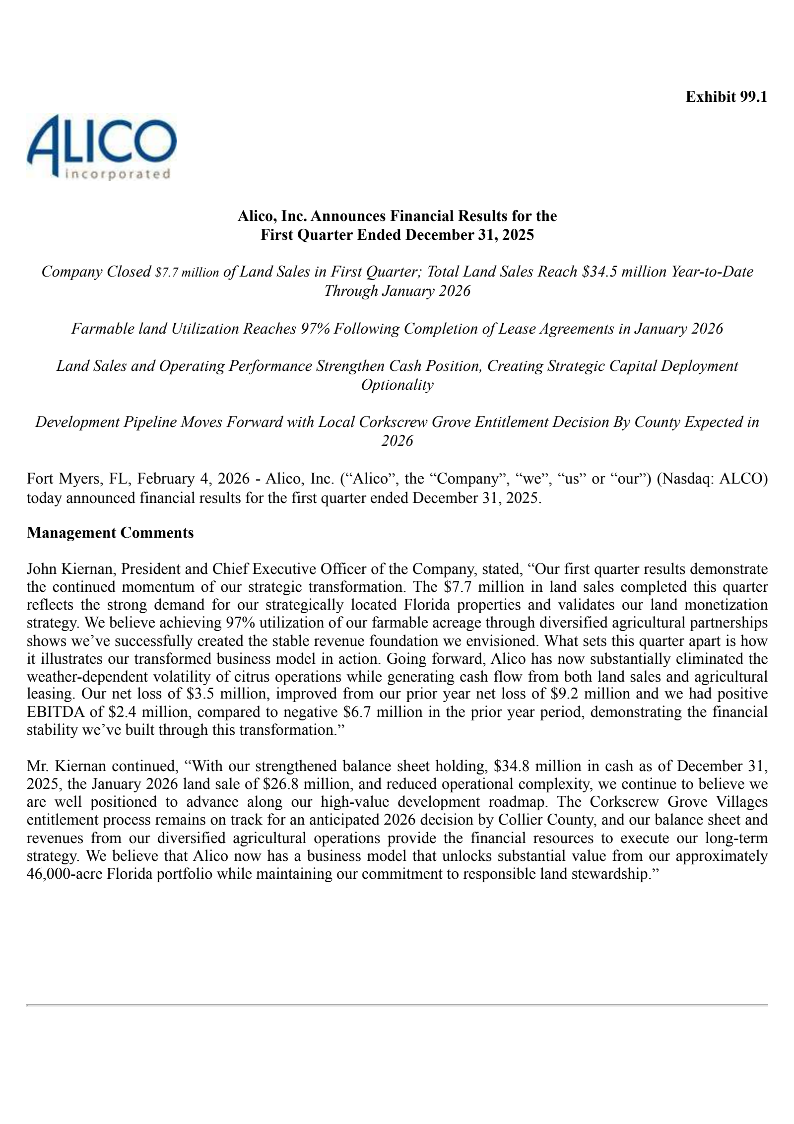 Alico's Q1 2026 Press Release