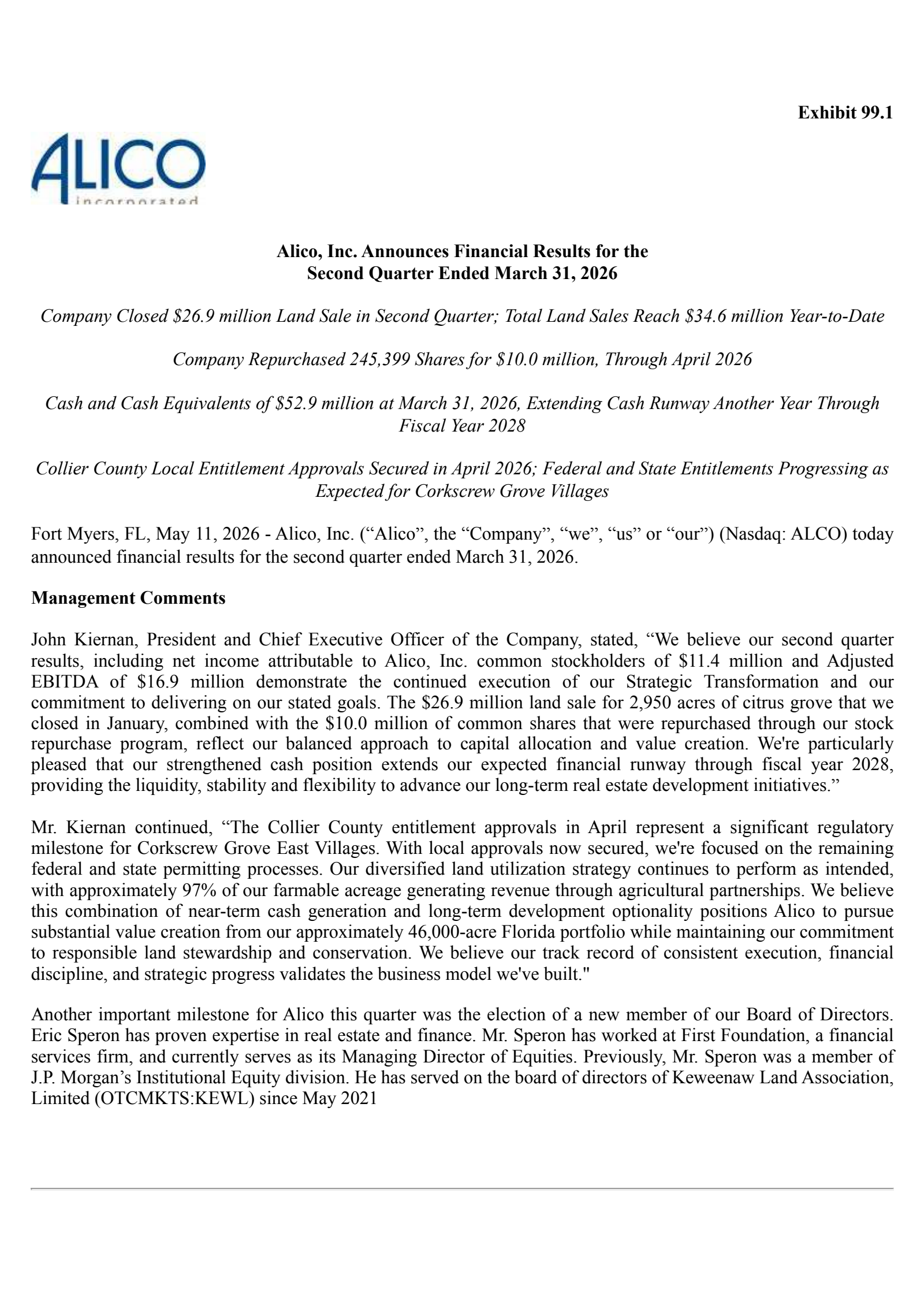 Alico's Q2 2026 Press Release