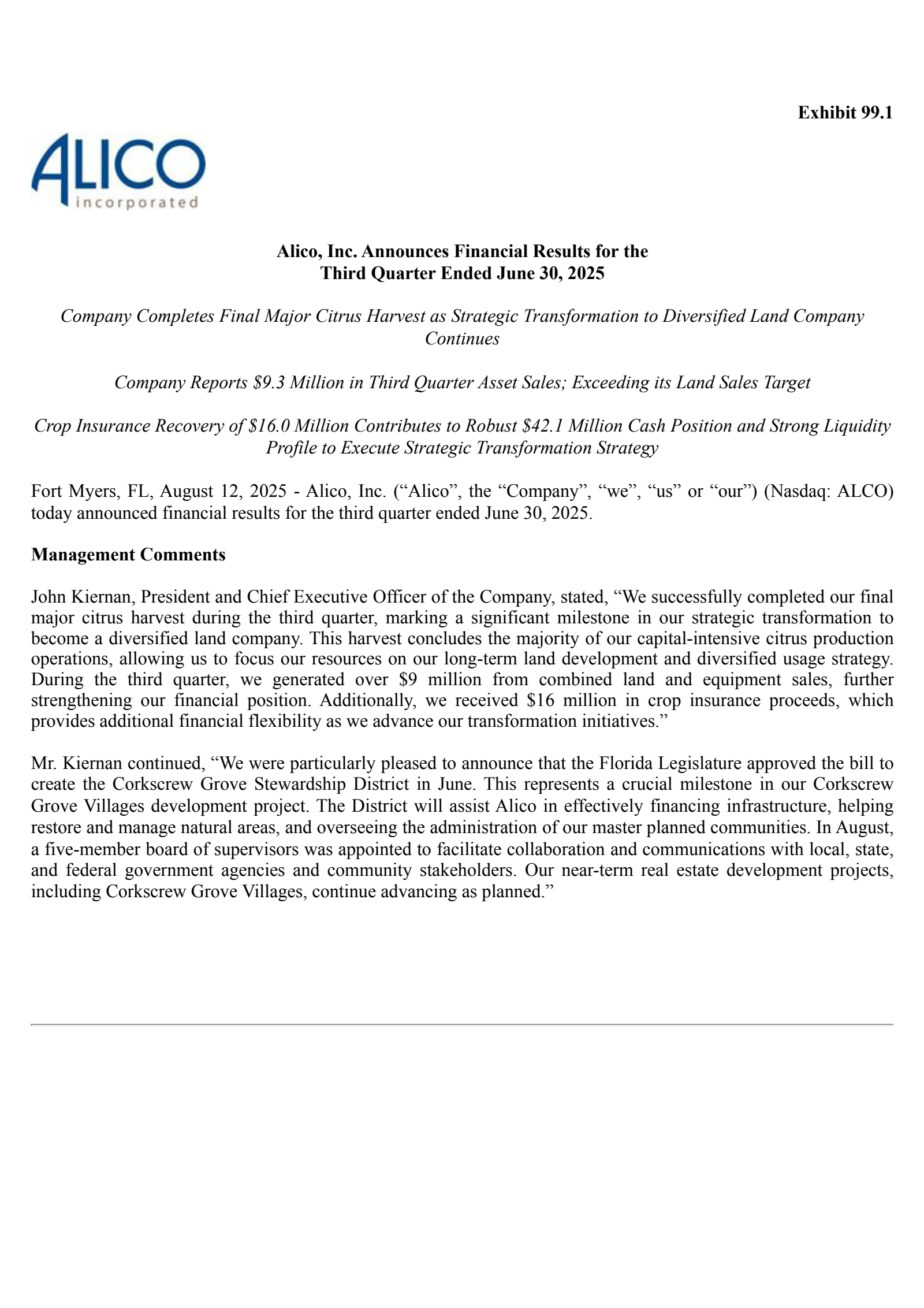 Alico's Q3 2025 Press Release