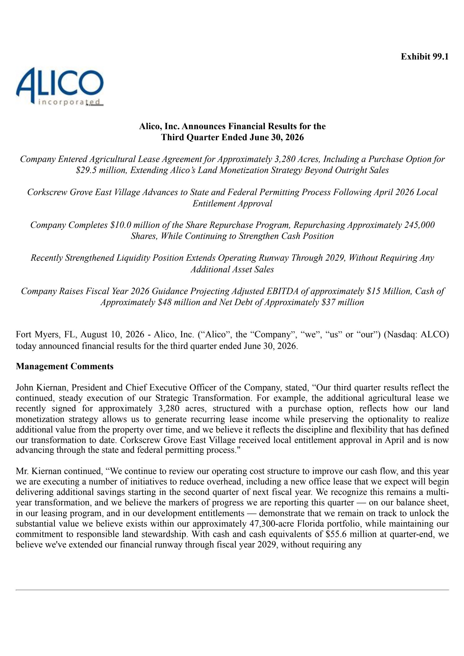 Alico's Q3 2026 Press Release