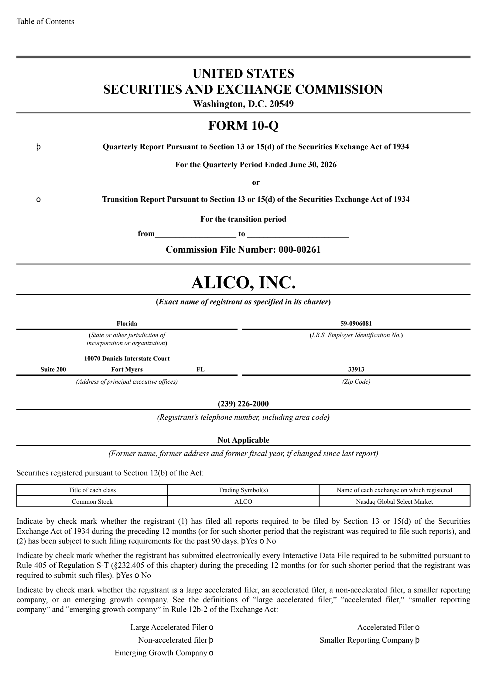 Alico's Q3 2026 Quarterly report
