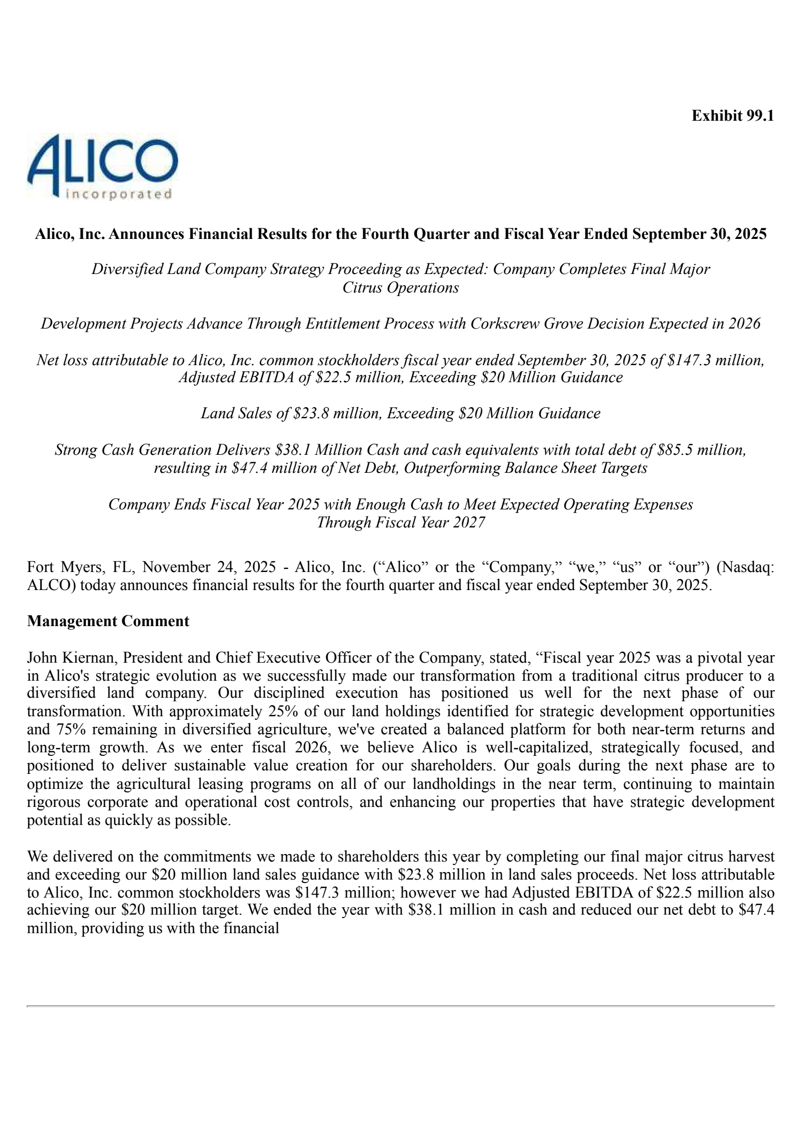 Alico's Q4 2025 Earnings Release