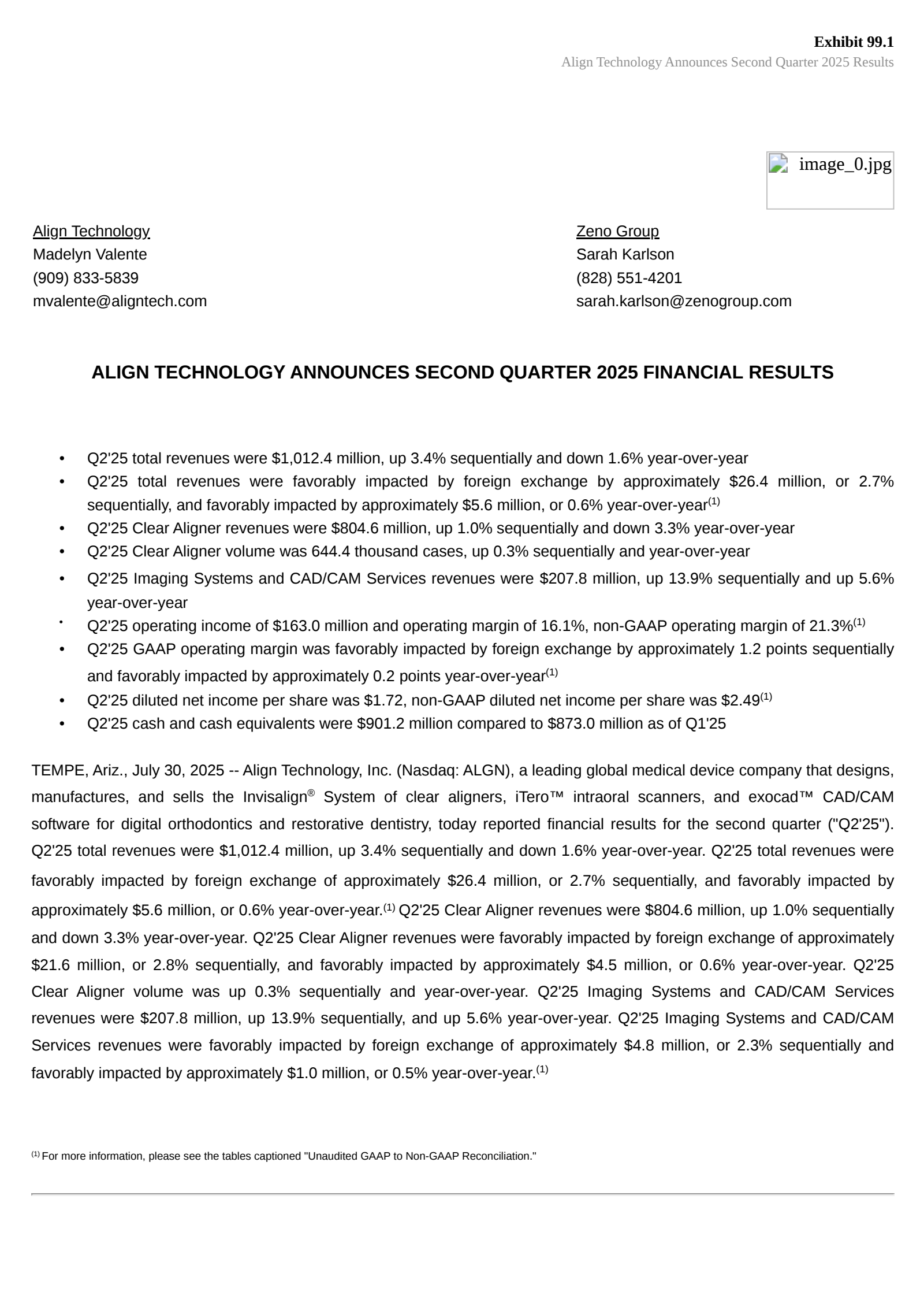 Align Technology's Q2 2025 Press Release