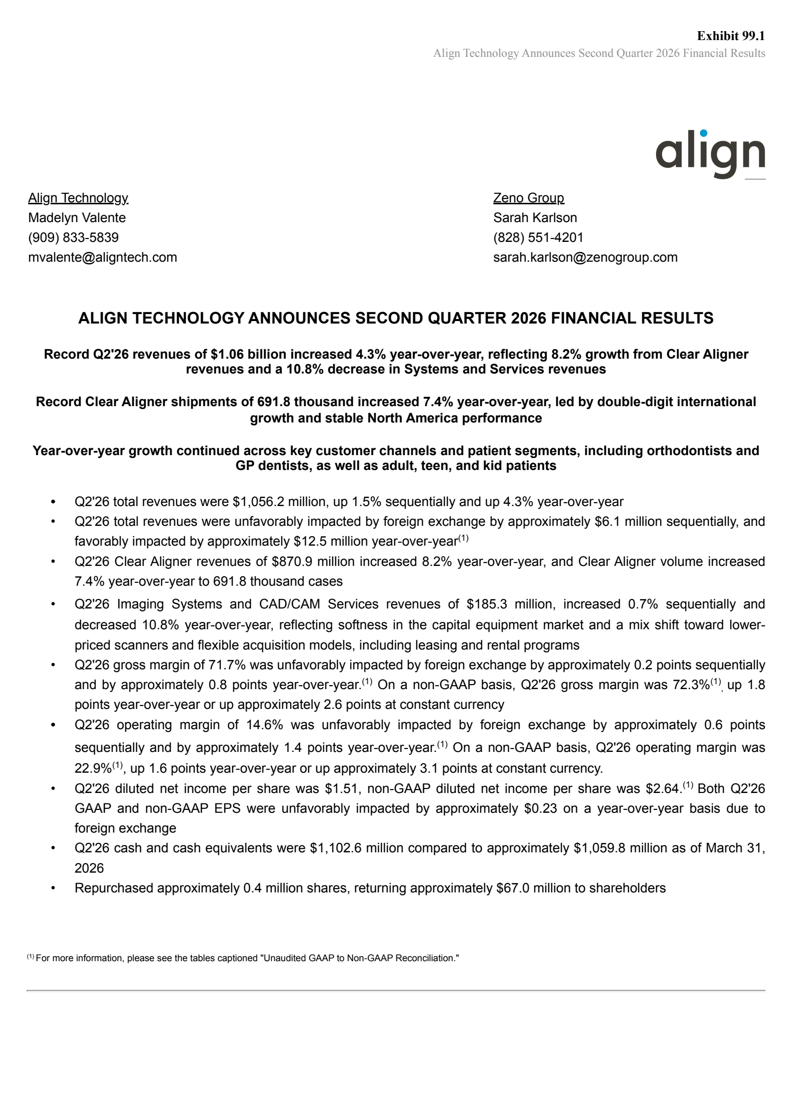 Align Technology's Q2 2026 Press Release