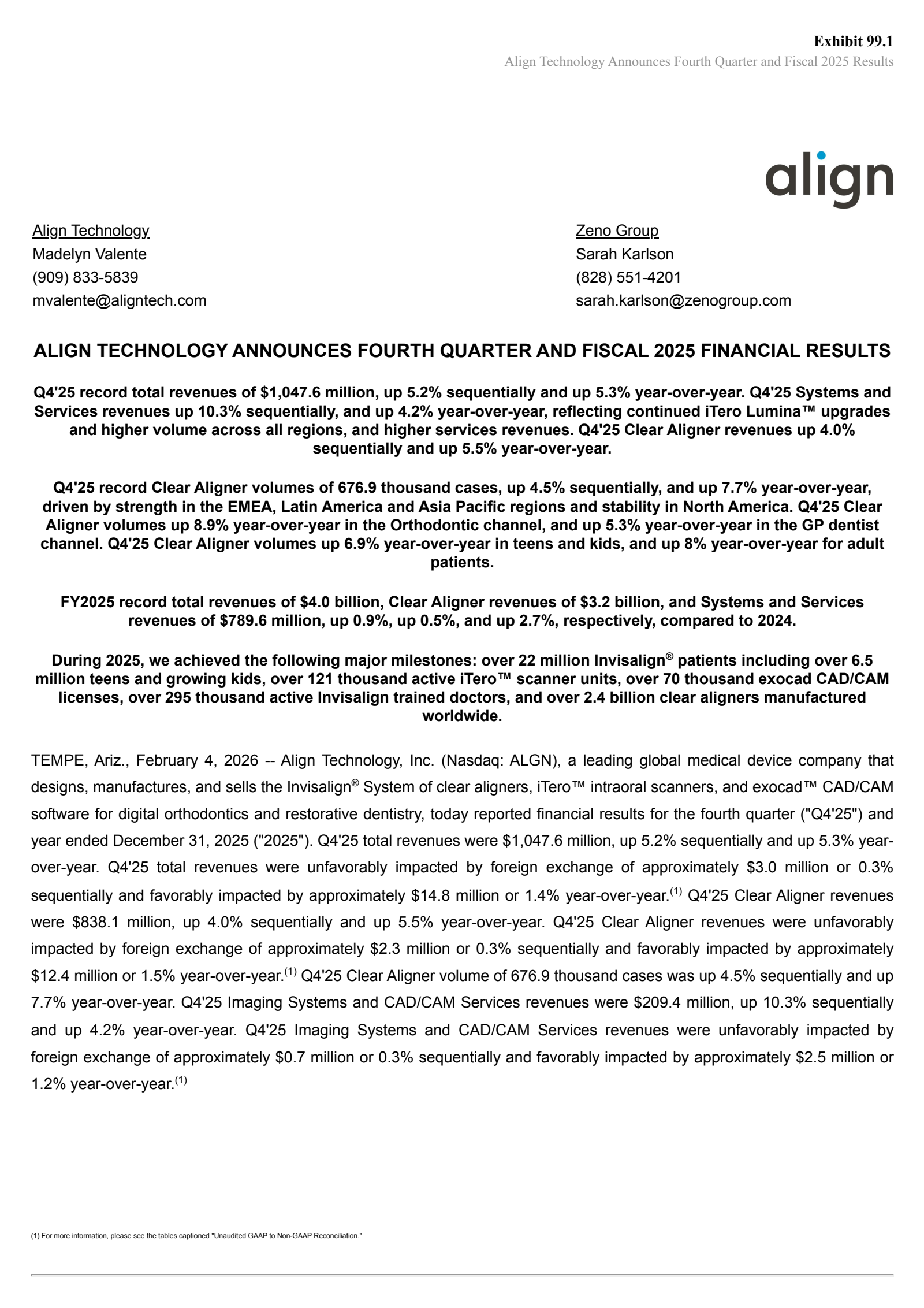 Align Technology's Q4 2025 Press Release