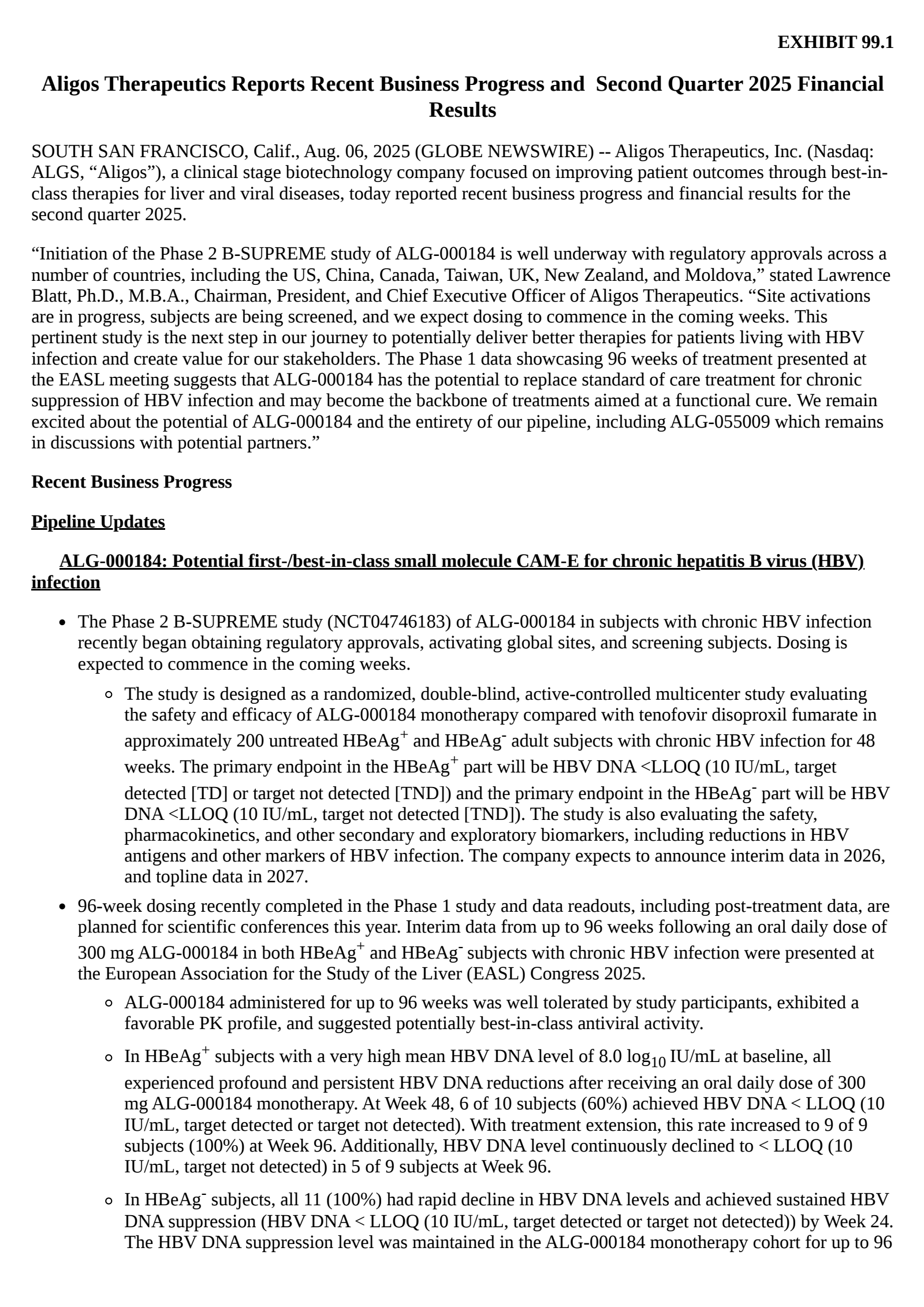 Aligos Therapeutics' Q2 2025 Press Release