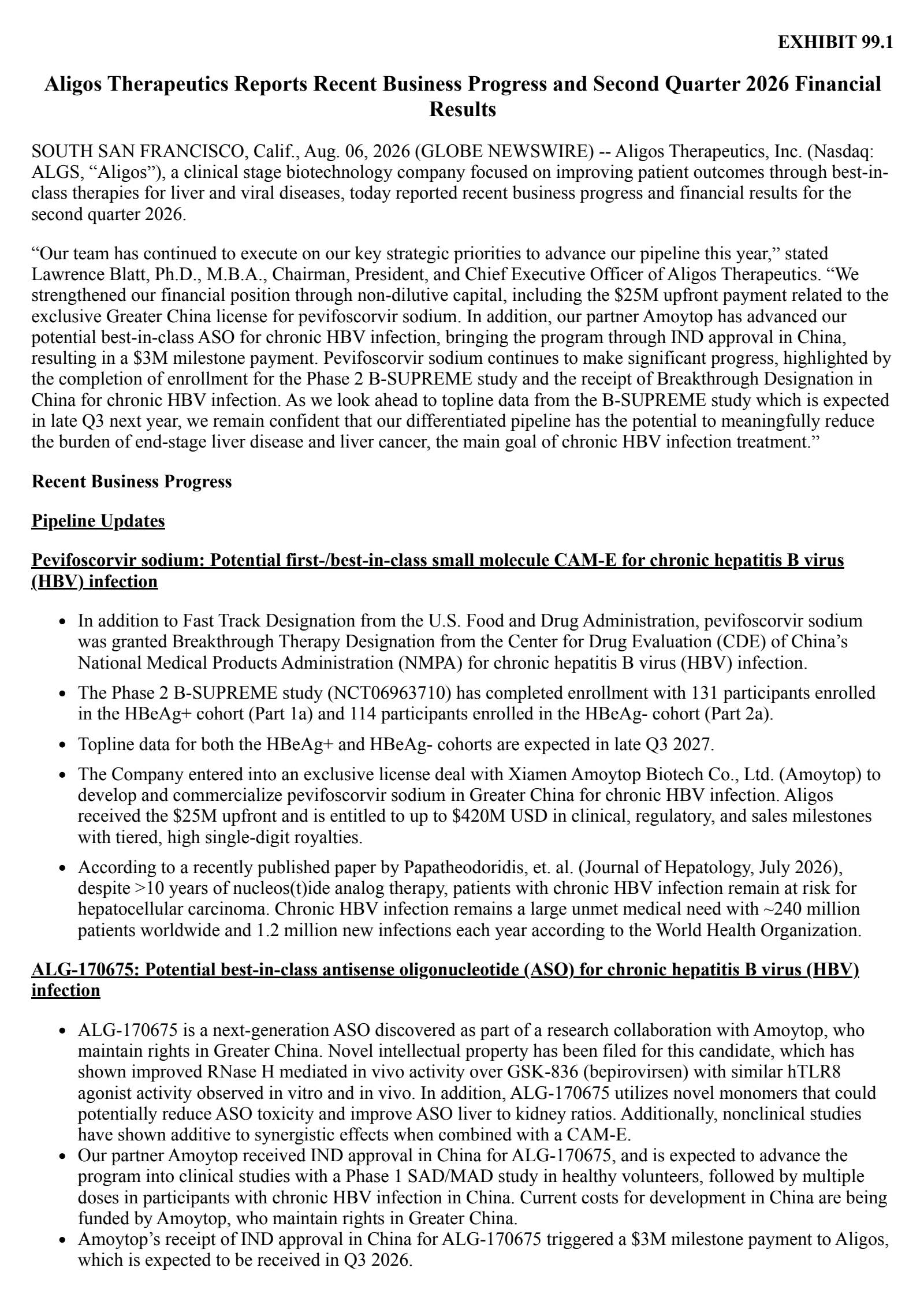 Aligos Therapeutics' Q2 2026 Press Release