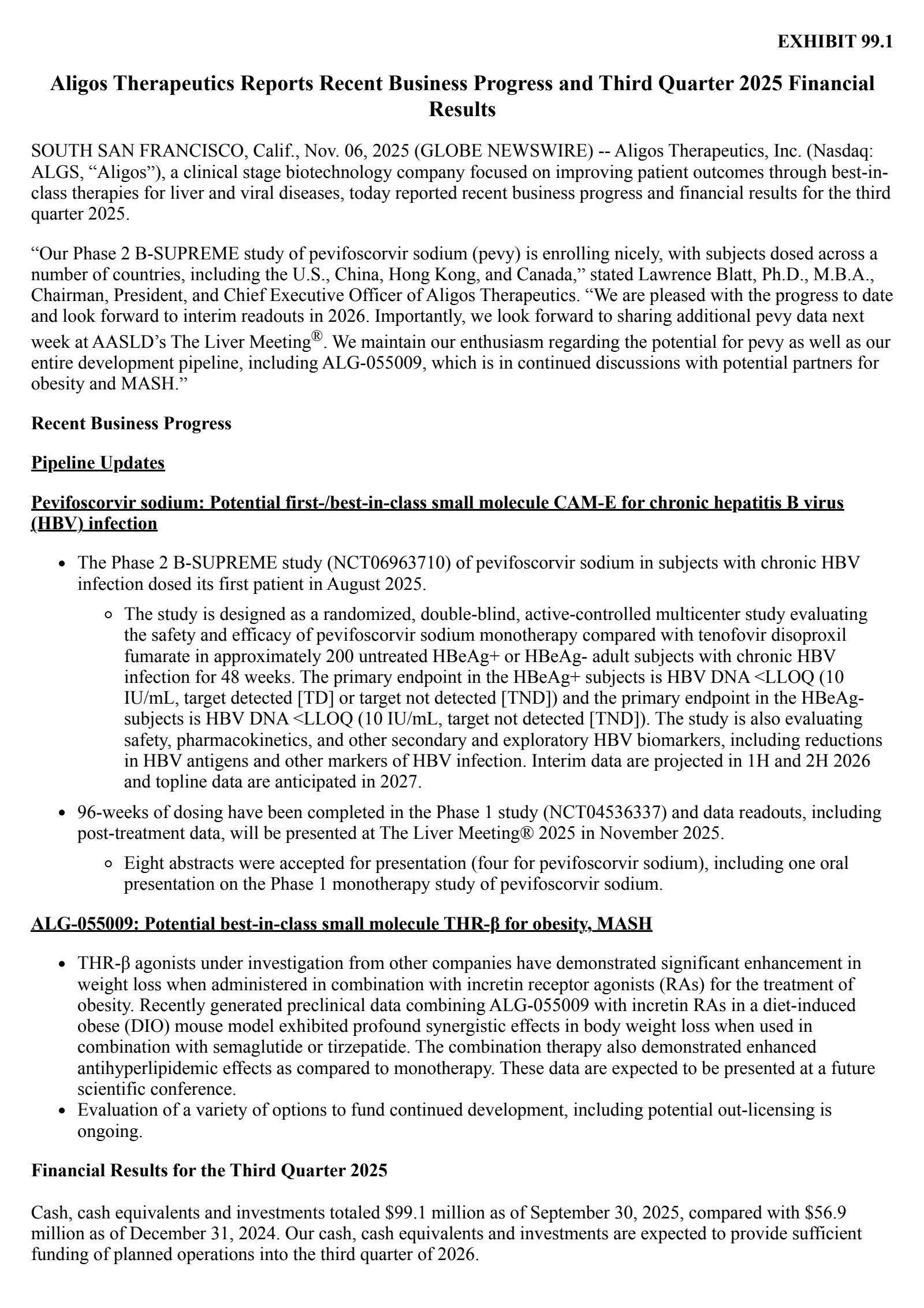 Aligos Therapeutics' Q3 2025 Earnings Release