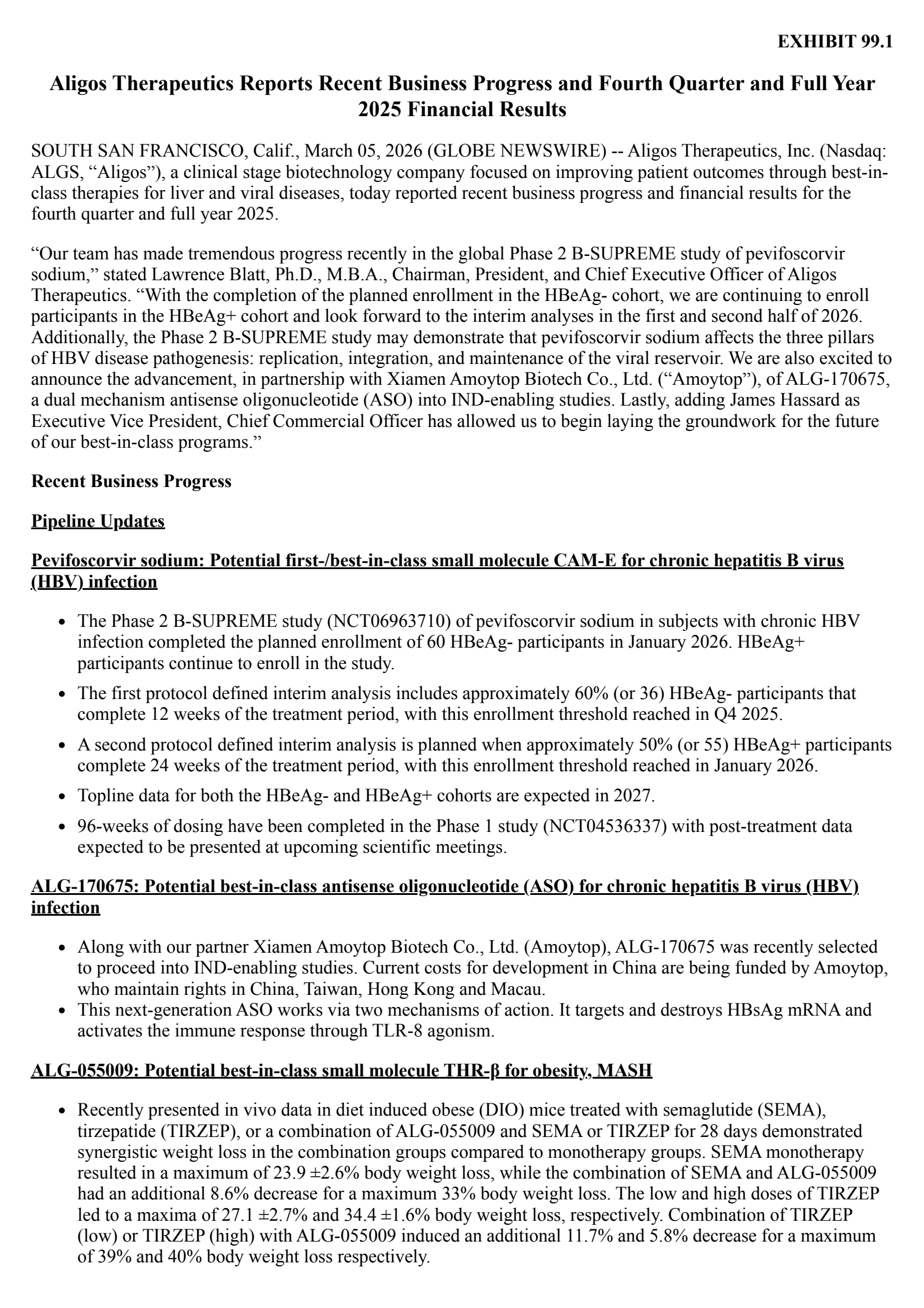 Aligos Therapeutics' Q4 2025 Press Release