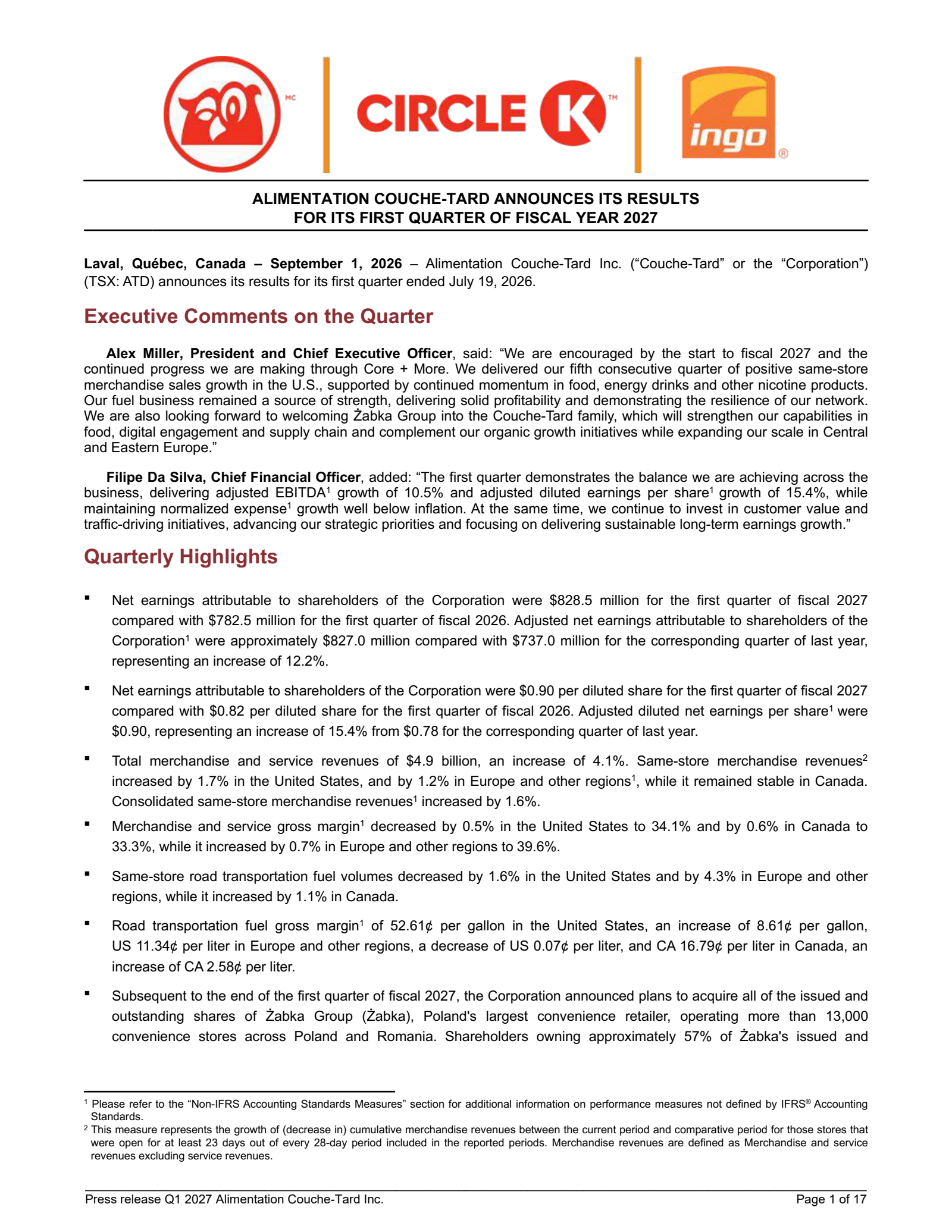 Alimentation Couche-Tard's Q1 2027 Press Release