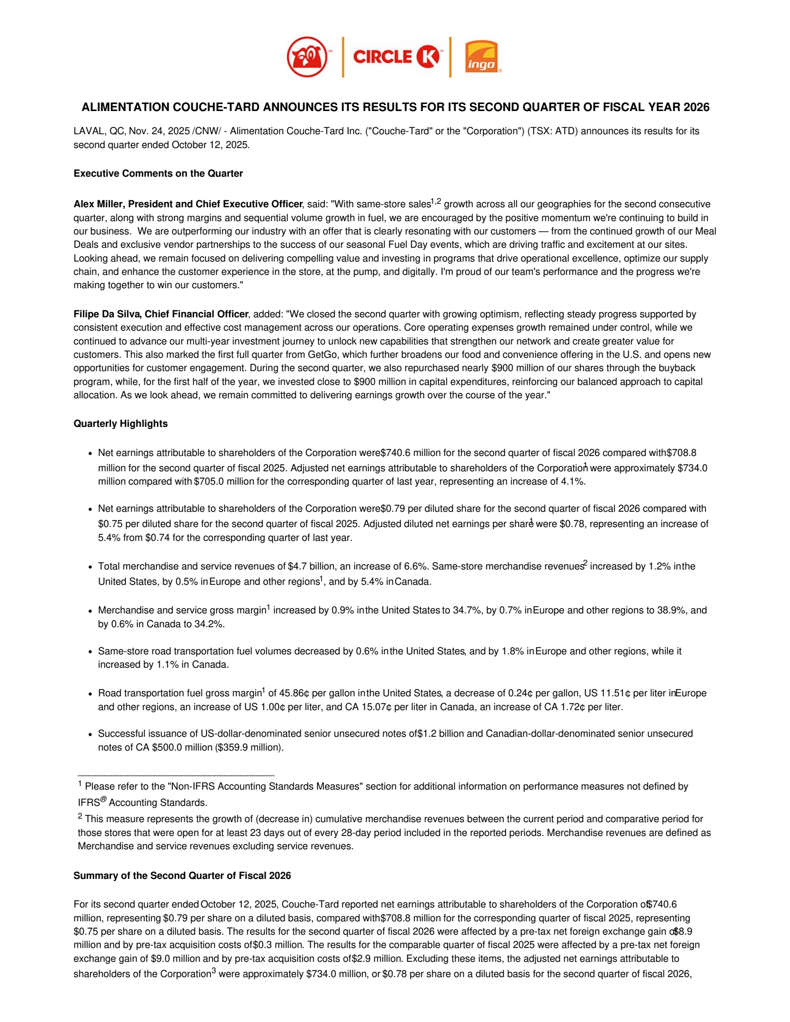 Alimentation Couche-Tard's Q2 2026 Earnings Release
