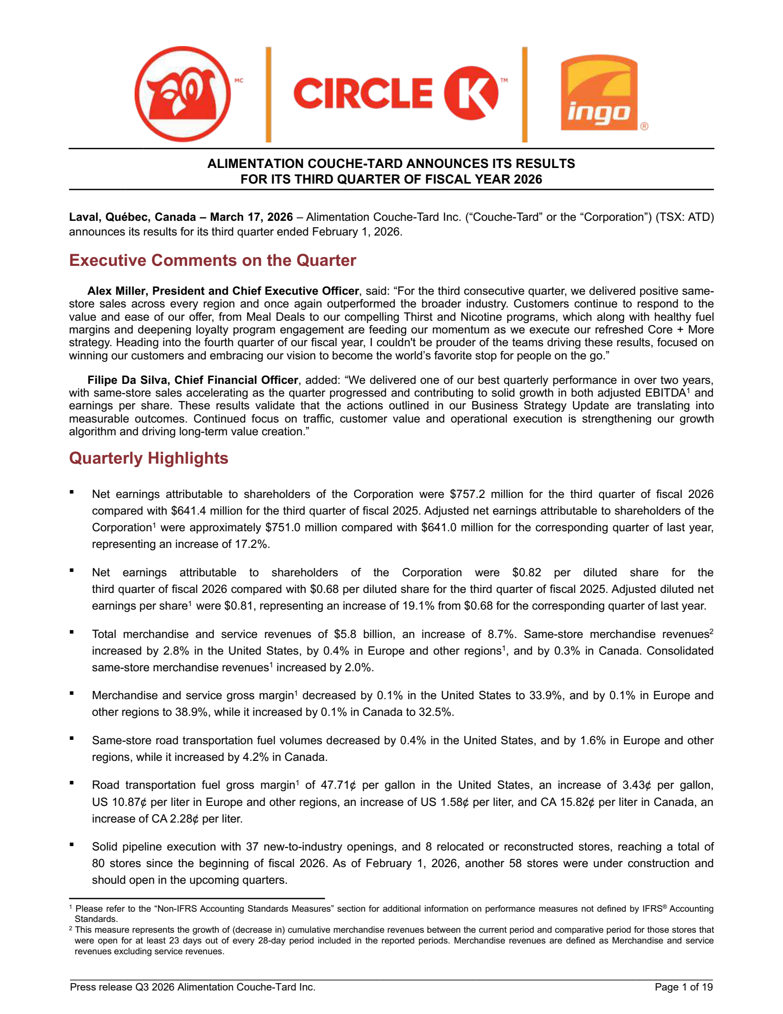 Alimentation Couche-Tard's Q3 2026 Press Release
