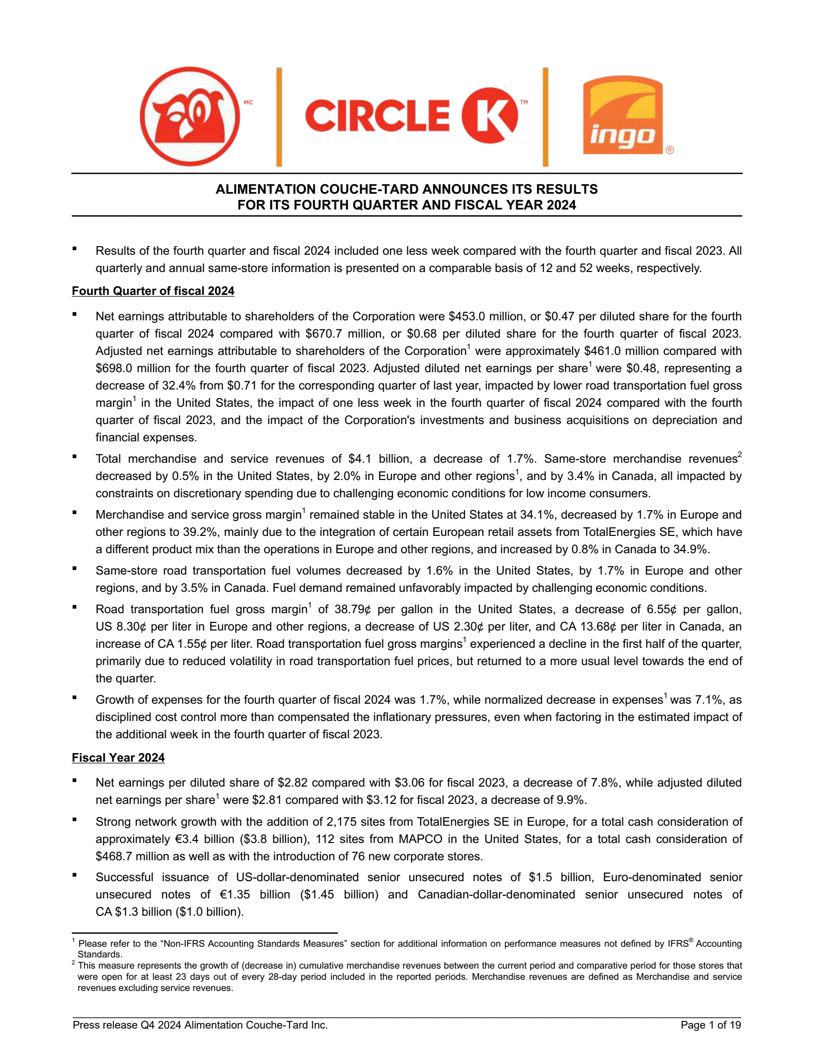 Alimentation Couche-Tard's Q4 2024 Press Release