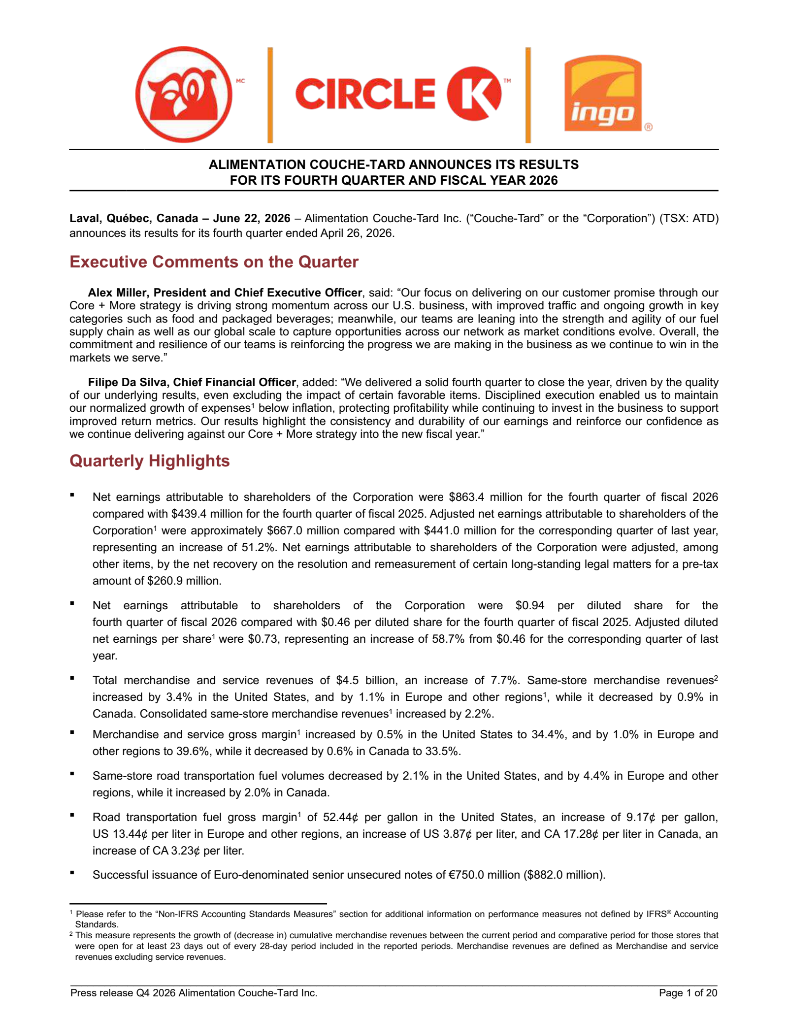 Alimentation Couche-Tard's Q4 2026 Press Release