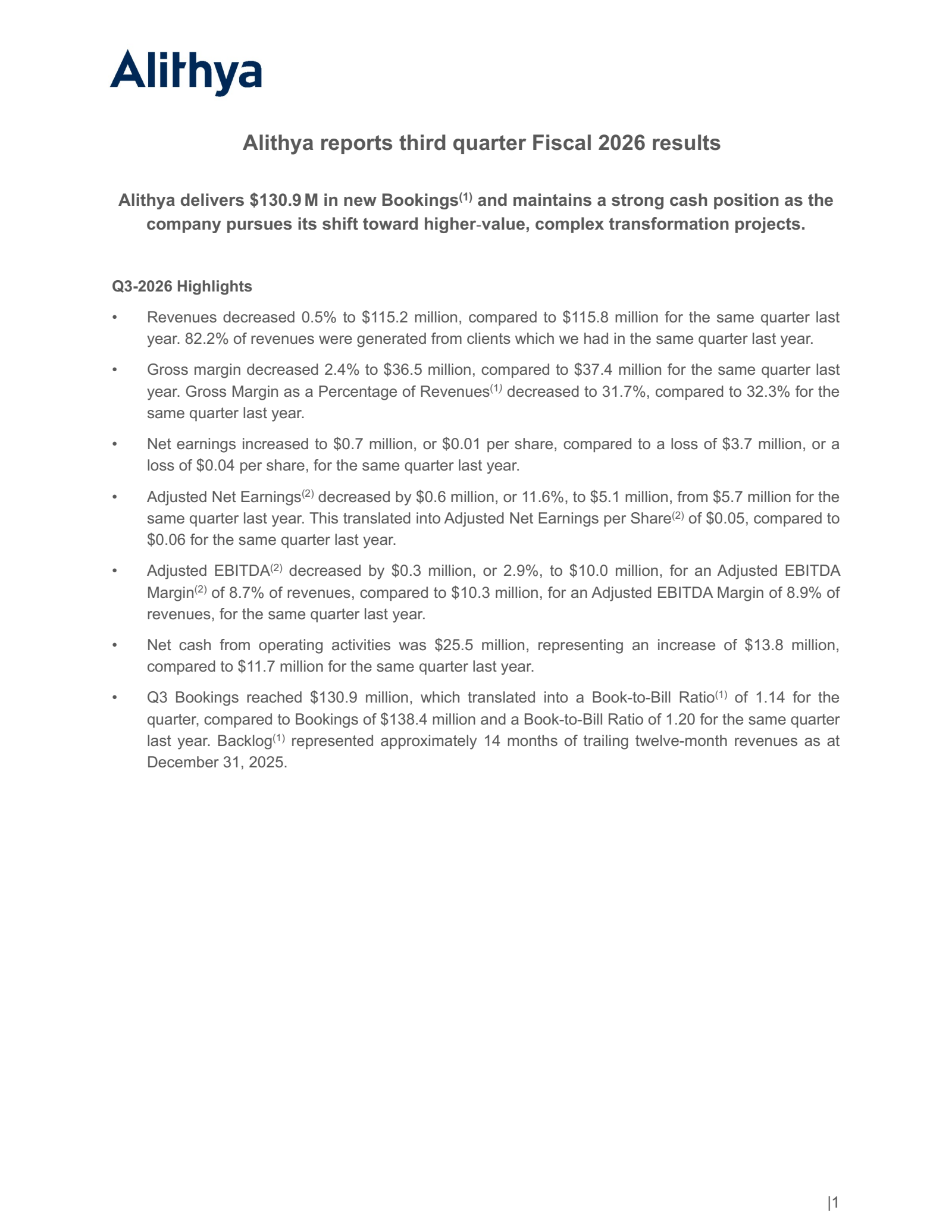 Alithya Group's Q3 2026 Press Release