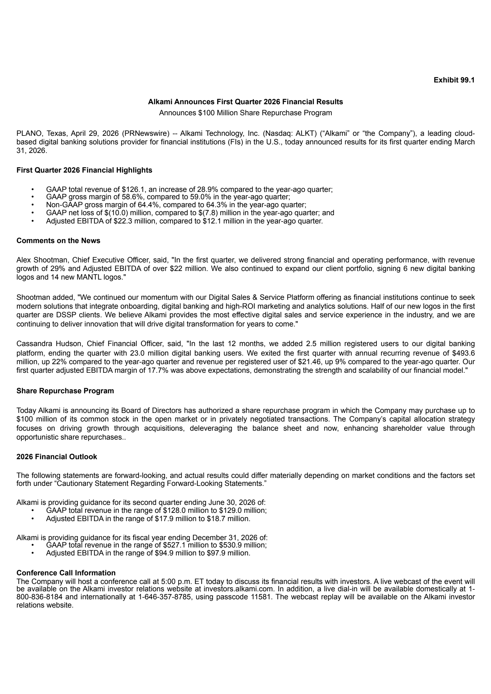 Alkami Technology's Q1 2026 Press Release