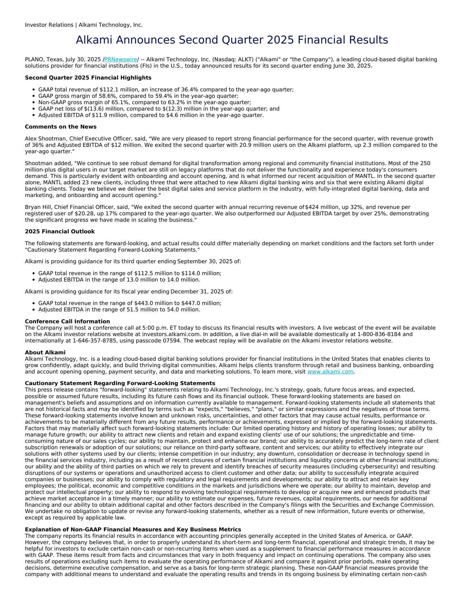 Alkami Technology's Q2 2025 Press Release