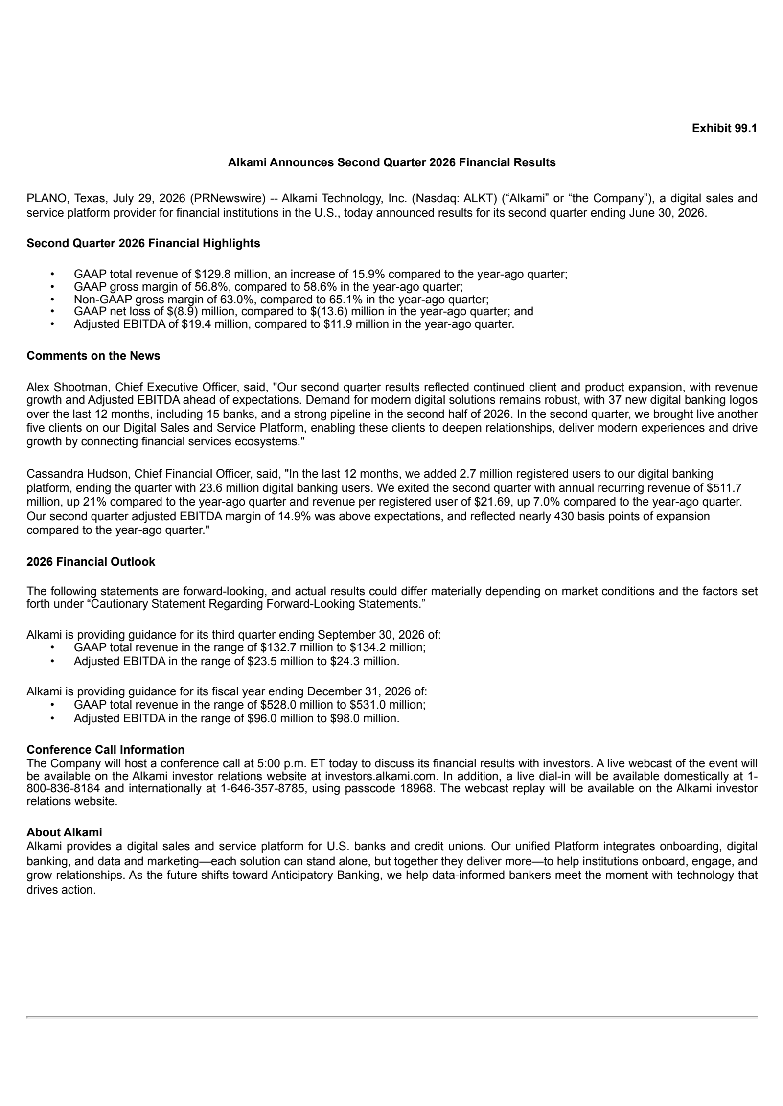 Alkami Technology's Q2 2026 Press Release