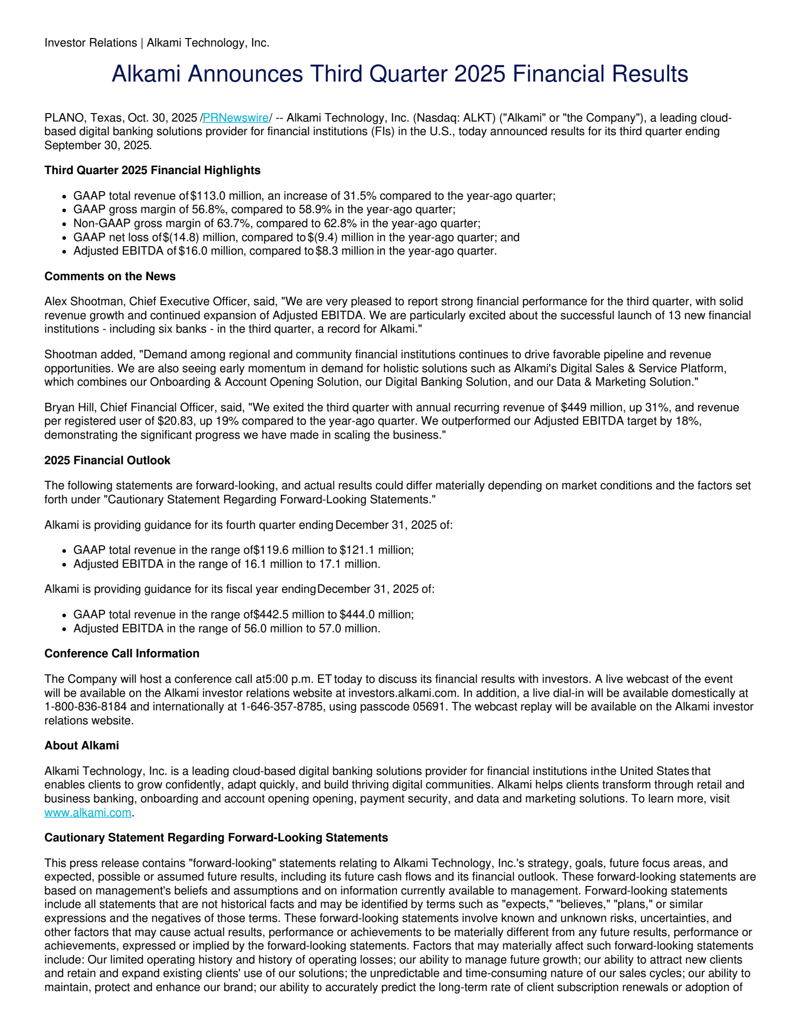 Alkami Technology's Q3 2025 Earnings Release