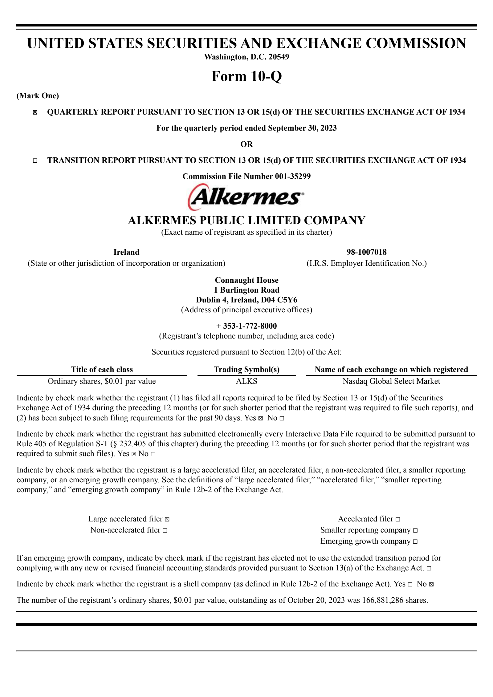 Alkermes' Q3 2023 Quarterly report