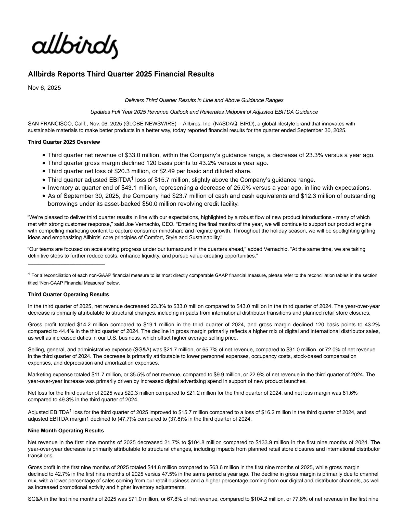 Allbirds' Q3 2025 Earnings Release