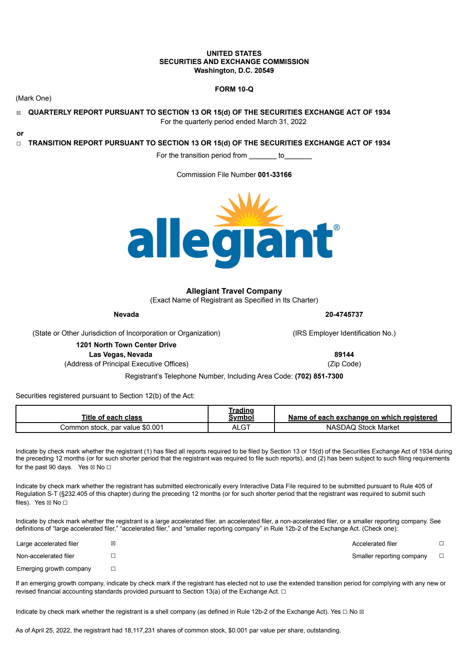 Allegiant Travel's Q1 2022 Quarterly report