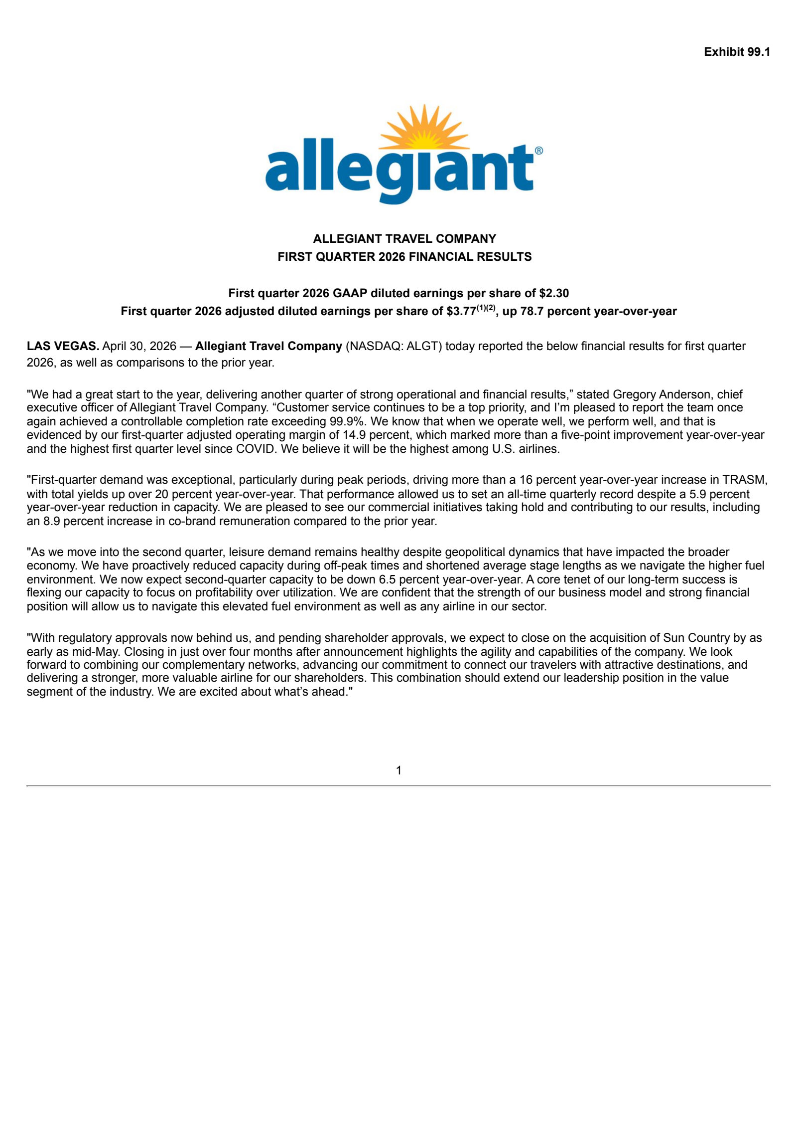 Allegiant Travel's Q1 2026 Press Release